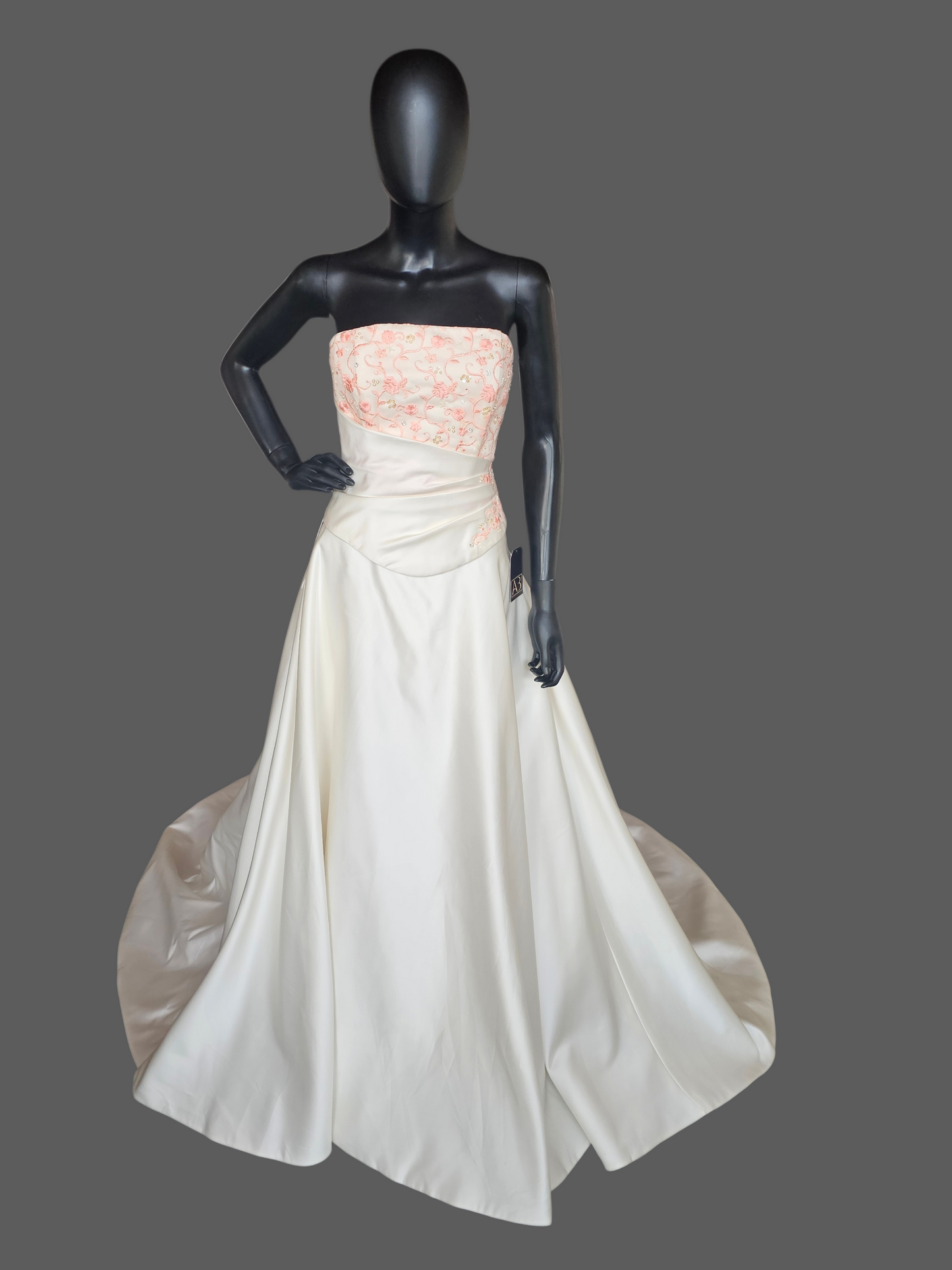 Ivory/Coral Pink Embroidered Strapless 2-Piece Wedding Gown