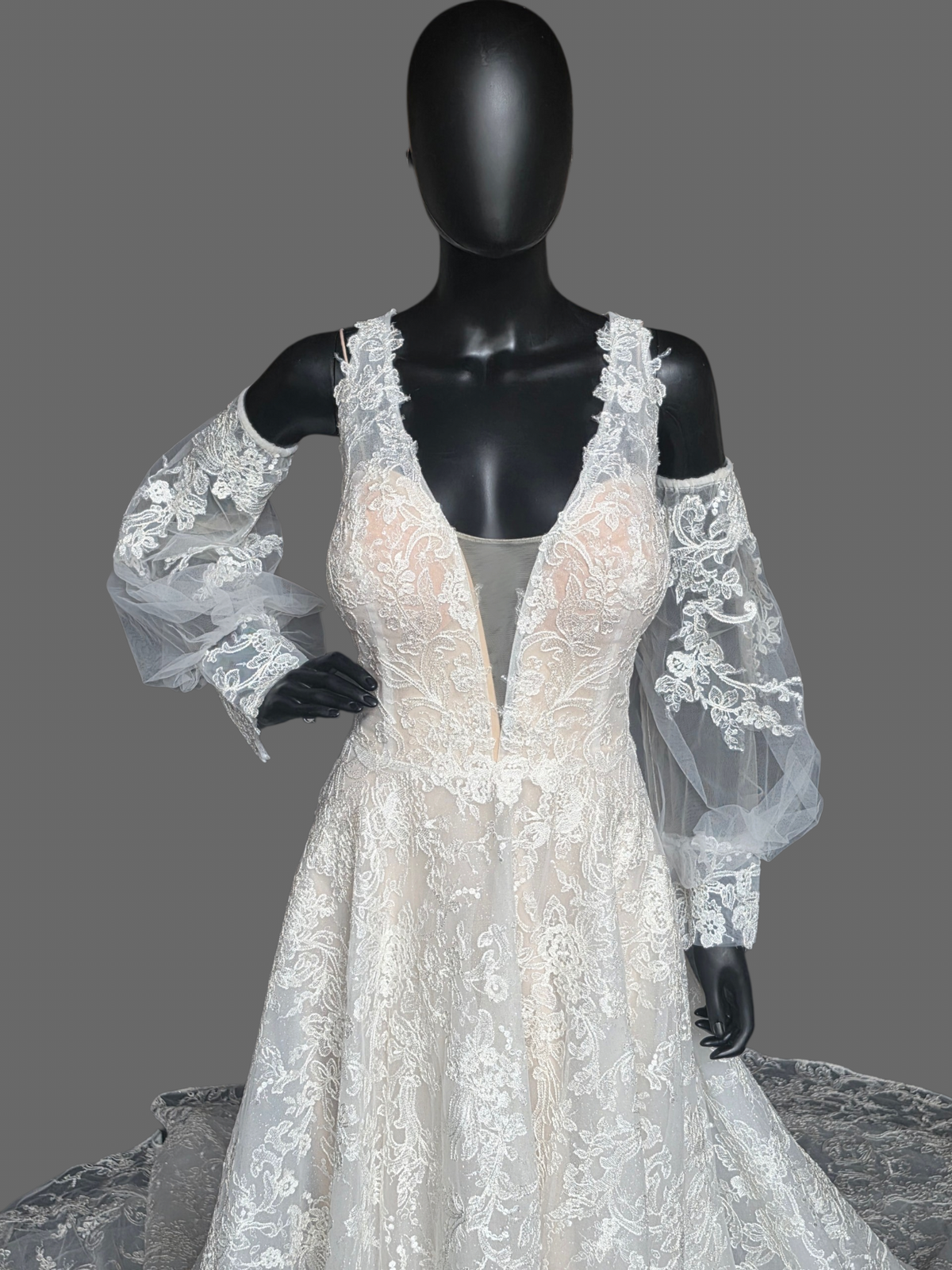 Ivory/Nude 3-Look Lace Plunge Sparkle A-Line Wedding Gown W/Detatch Sleeve - Martin Thornburg