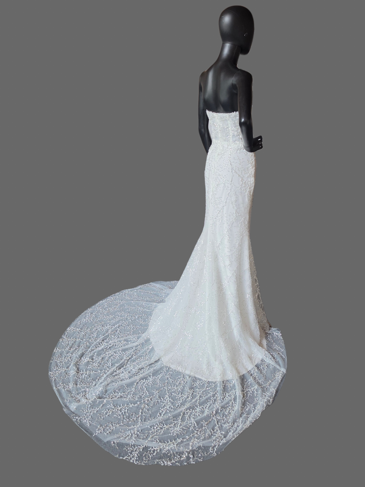 Ivory Straight Strapless Fitted Pearl/Silver Vine Wedding Gown - Willow