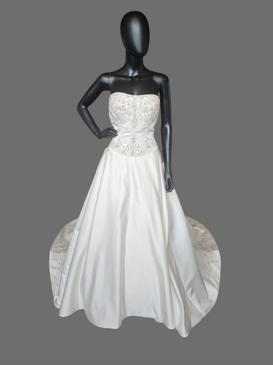 Ivory Satin Strapless Basque Waist Embroidered Wedding Gown  - Signature
