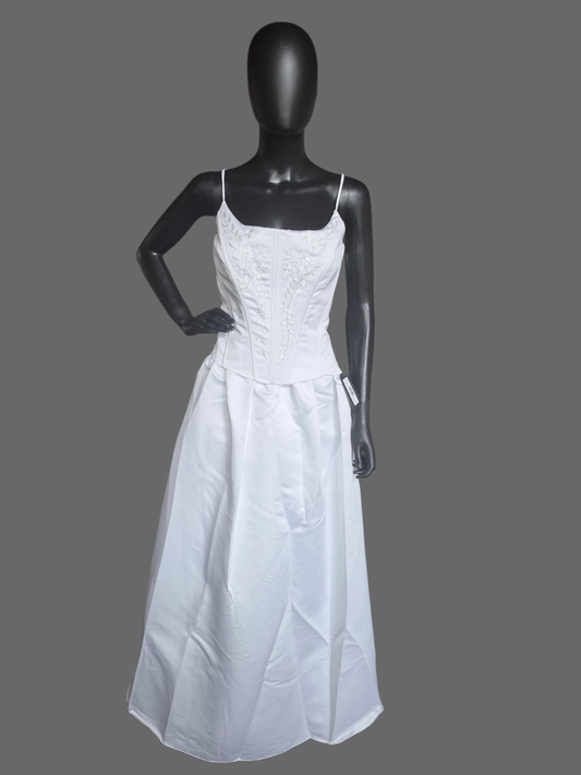 White Satin Basque Waist Embroidered Corset Bodice (no train) Wedding Gown - Jaqueline