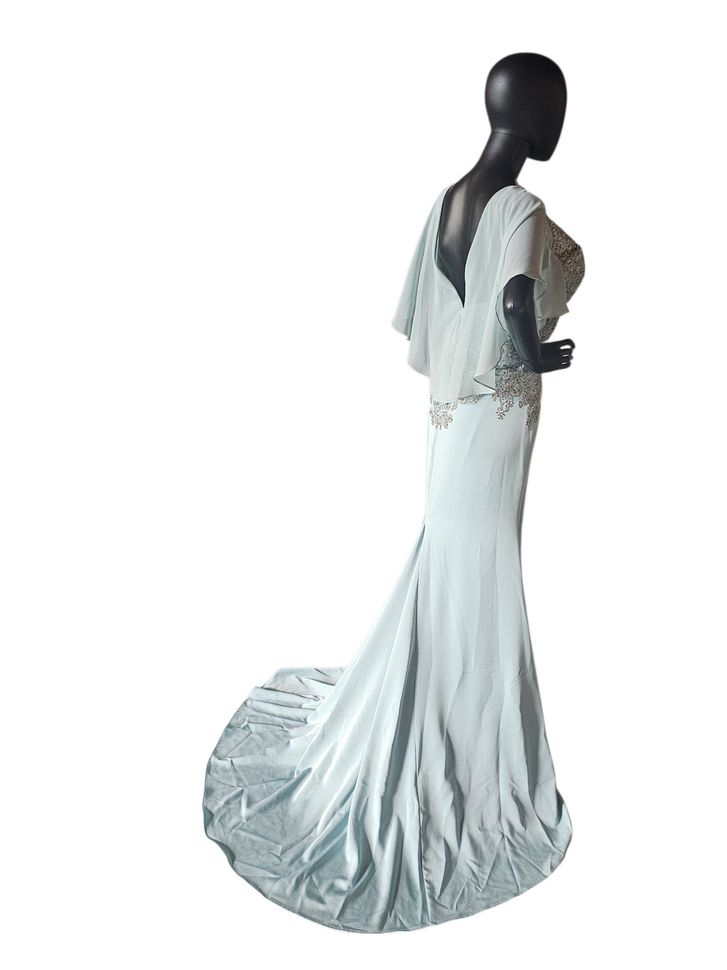 Deep Aqua/Silver Embroidered Chiffon Flutter Sleeve Formal Dress - Madeline Gardner