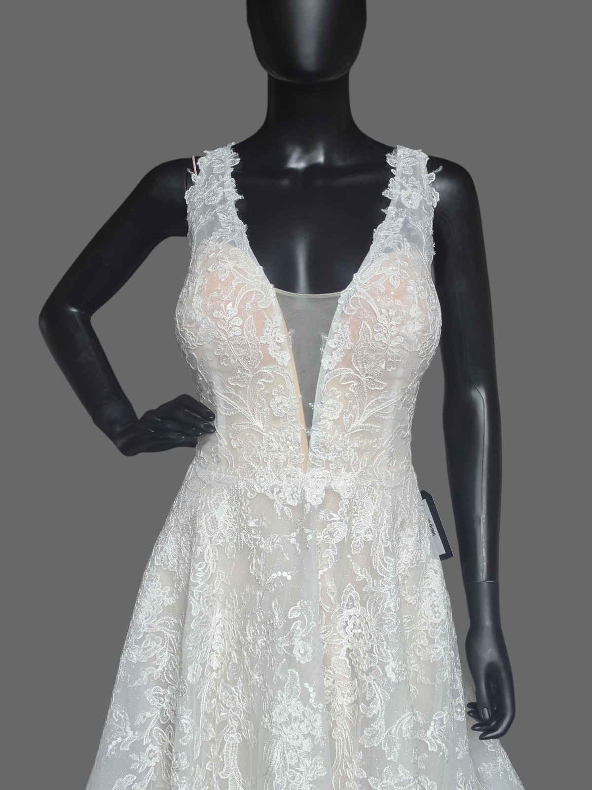 Ivory/Nude 3-Look Lace Plunge Sparkle A-Line Wedding Gown W/Detatch Sleeve - Martin Thornburg