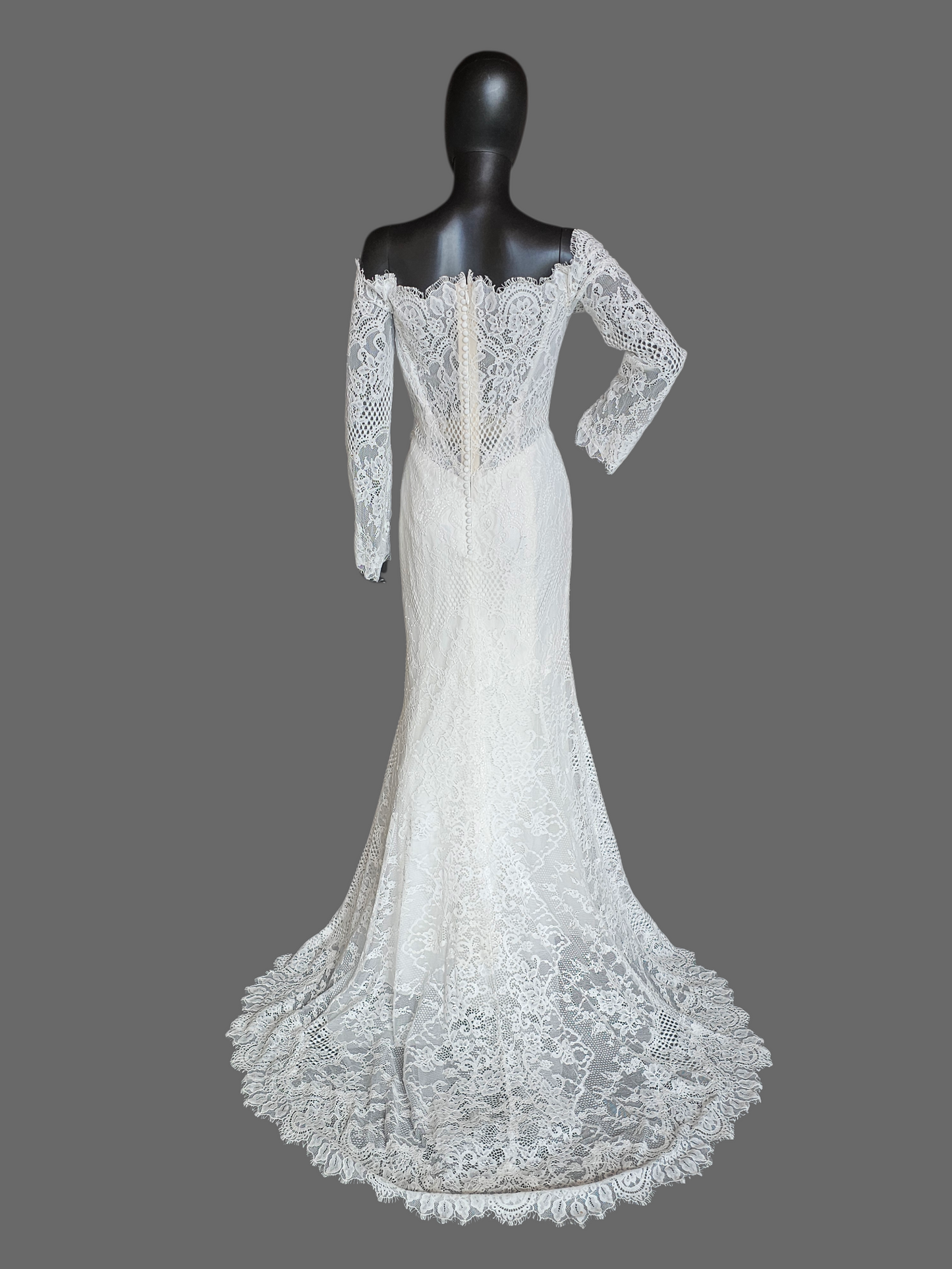 Off Shoulder Soft Ivory Lace Sleeve Fit/Flare Wedding Gown - Wtoo