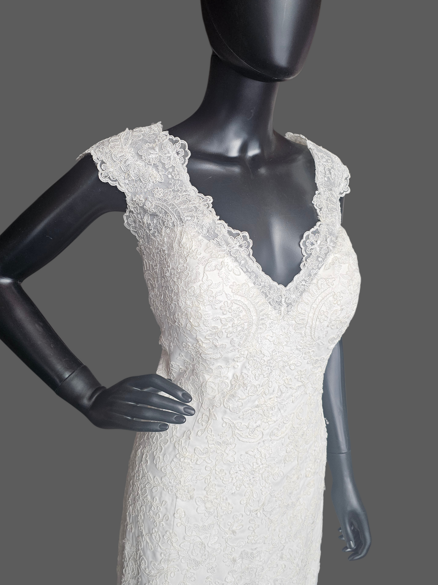 Corded Ivory Lace Fit/Flare Cap Sleeve Wedding Gown - Da Vinci