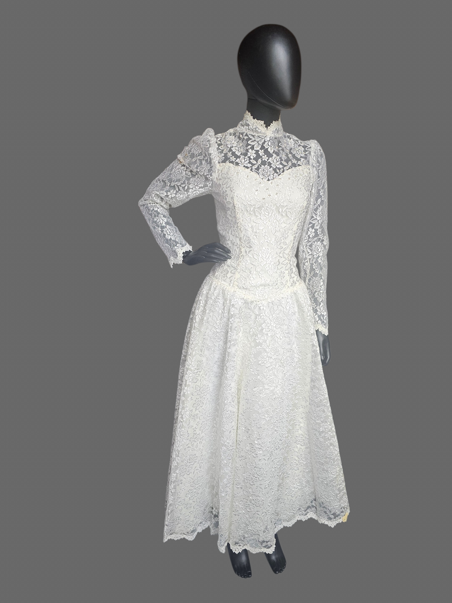 Vintage Long Sleeve Lace Tea Length Wedding Gown