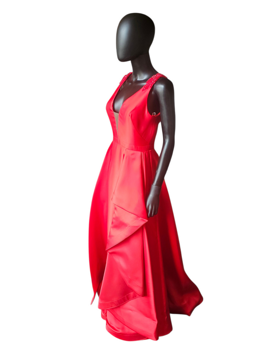 Red Mikado A-Line Plunge V-Neck Formal Dress - Sherri Hill