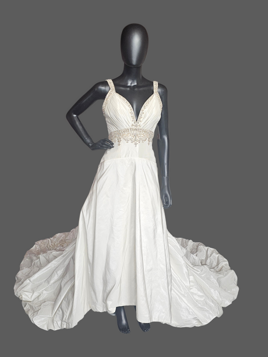 Ivory Taffeta Drop Waist V-Neck Wedding Gown - Petite