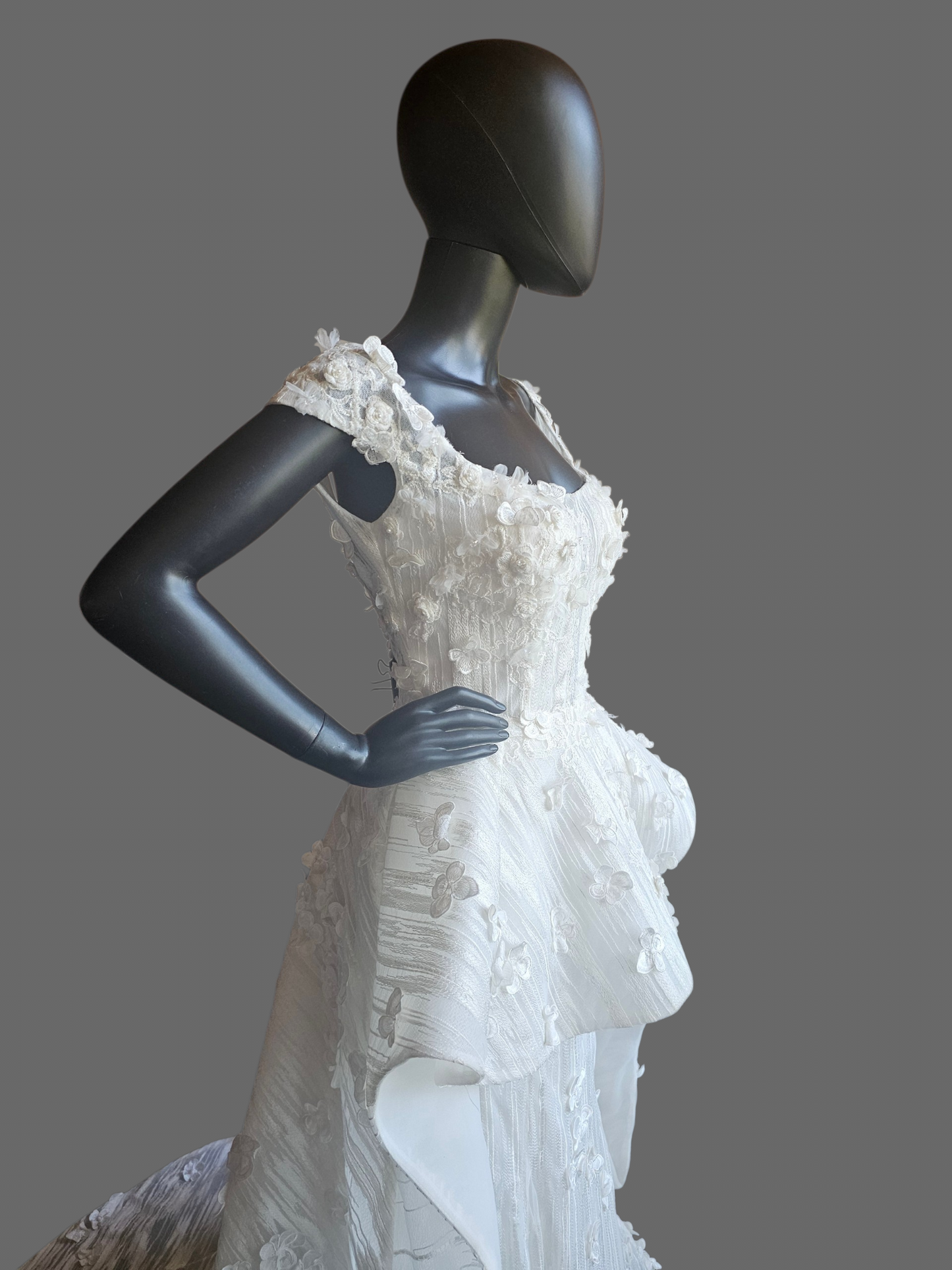 Ivory Structured Wedding Gown 3D Floral Peplum With A Square Neckline And Cap Sleeves - Madison James