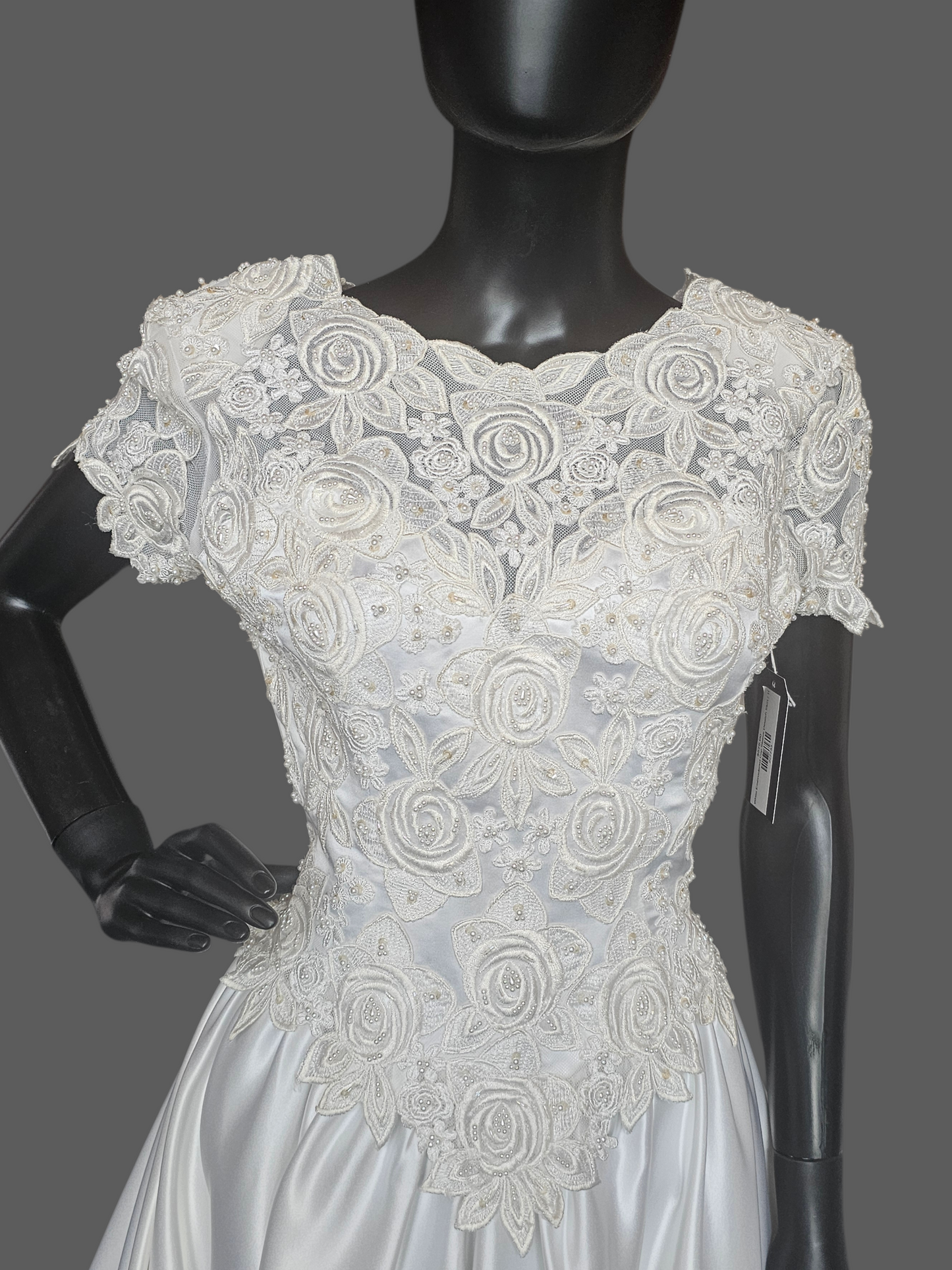 Vintage White Satin Embroidered Cap Sleeve Wedding Gown - Modest