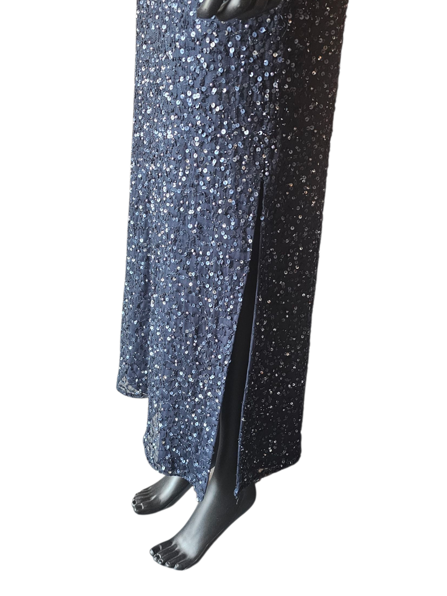 Navy Full Beaded Flutter Sleeve Formal Dress - Adrianna Papell