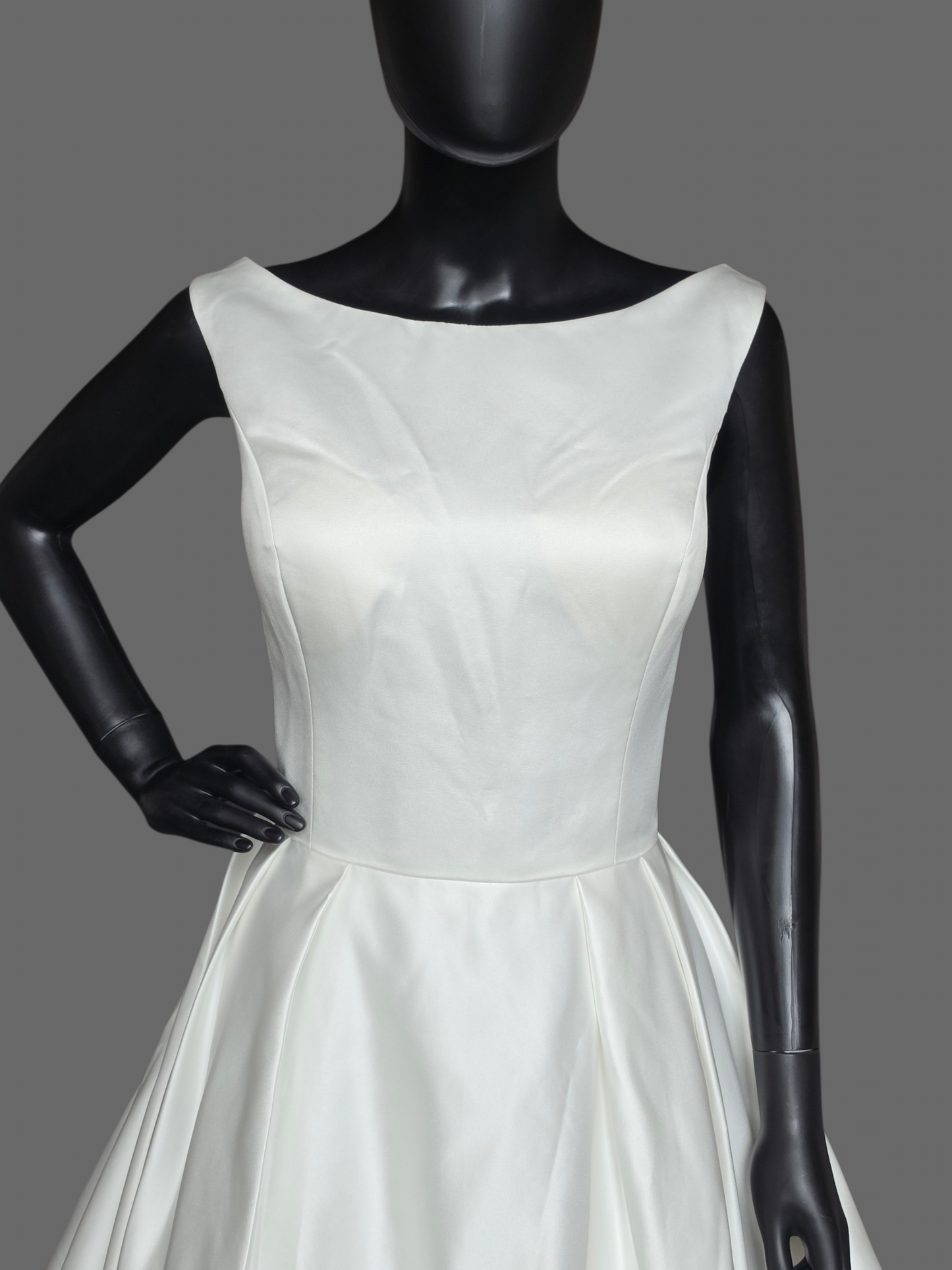 Ivory Satin Boat Neck Box Pleat
