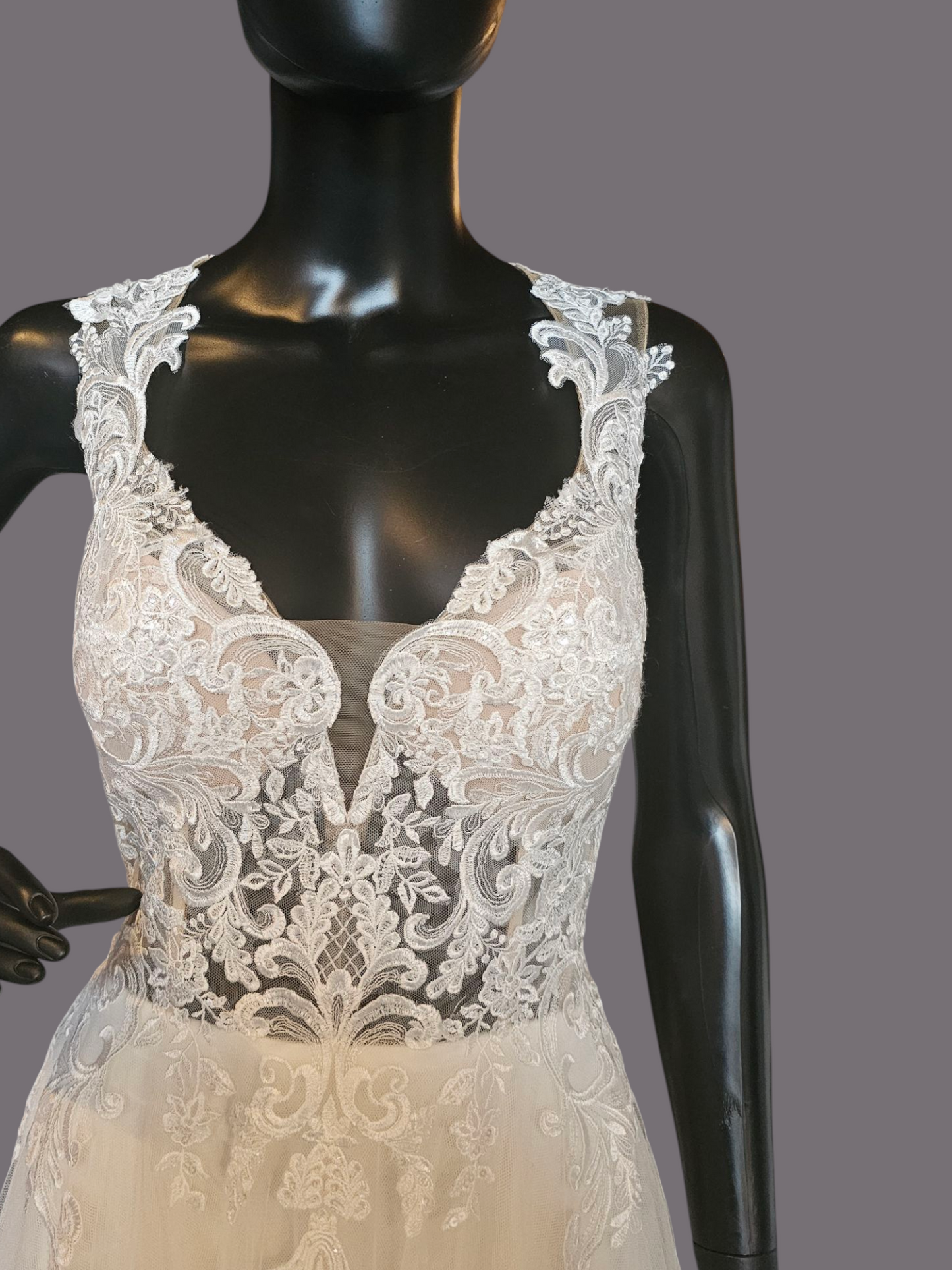 Sheer Bodice Lace Applique Illusion Plunge Wedding Gown - Justin Alexander
