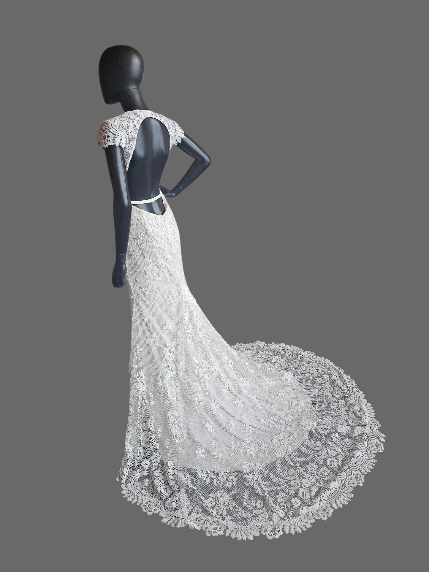 Ivory Open Weave Lace Cap Sleeve Open Open Back Wedding Gown - Beloved