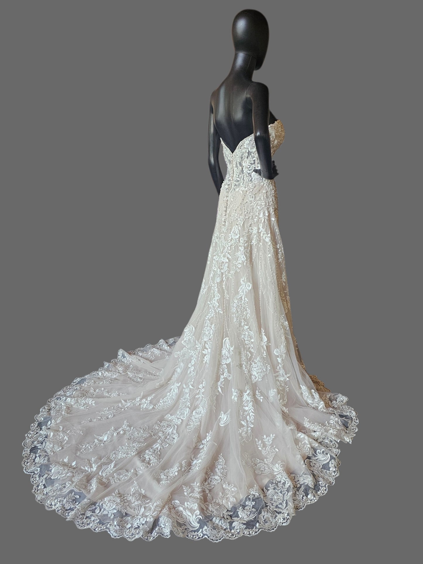 Nude/ White Full Scale Floral Beading Strapless Sweetheart Illusion Bodice Beaded Fit/Flare Wedding Gown - Beloved