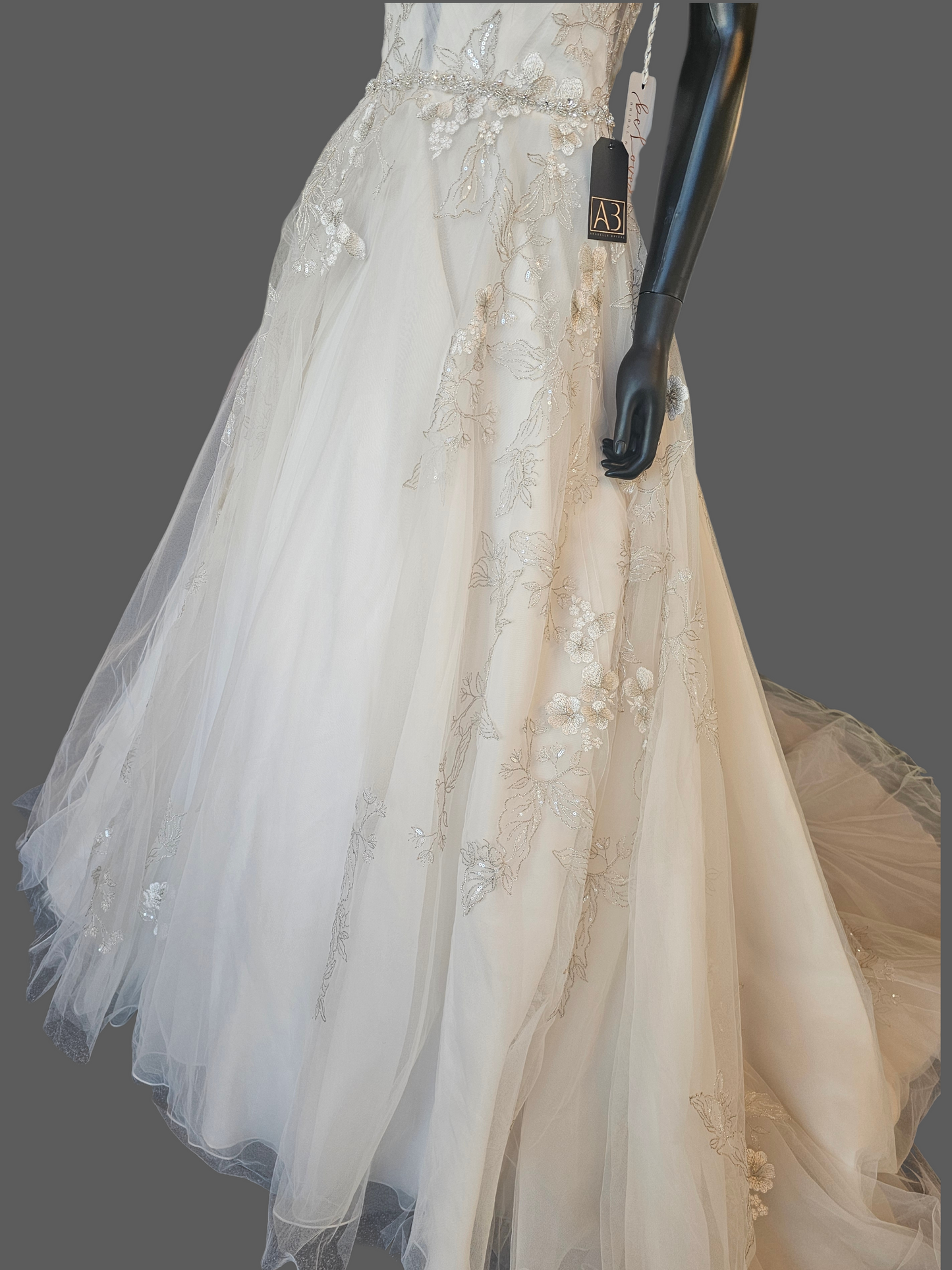 Ivory/Vanilla V-Neck Belted A-line Floral Embroidered Wedding Gown - Martin Thornburg