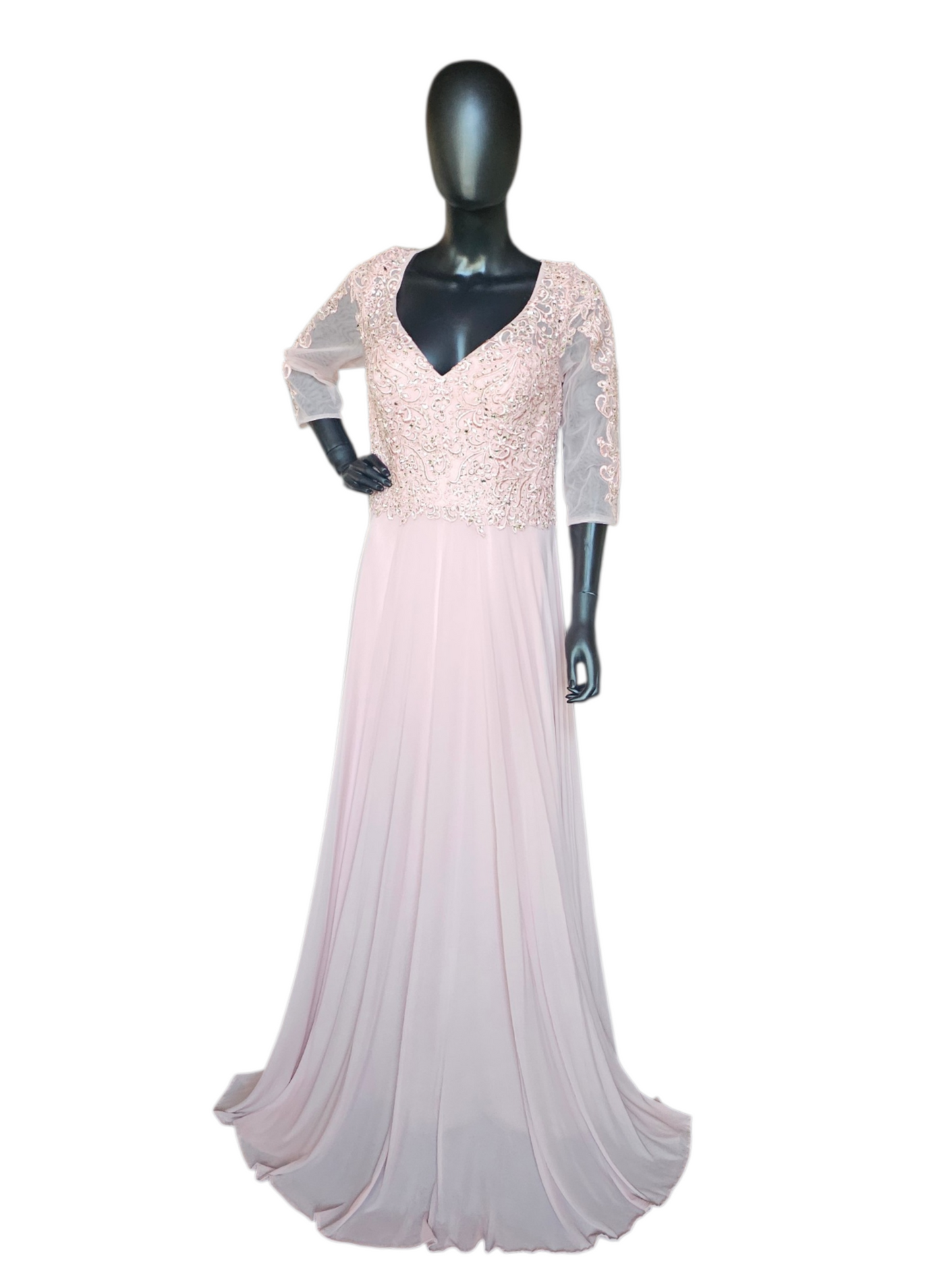 Rose  A-Line Long Sleeve Rhinestone Lace Chiffon Illusion Back Moms Dress  - MGNY