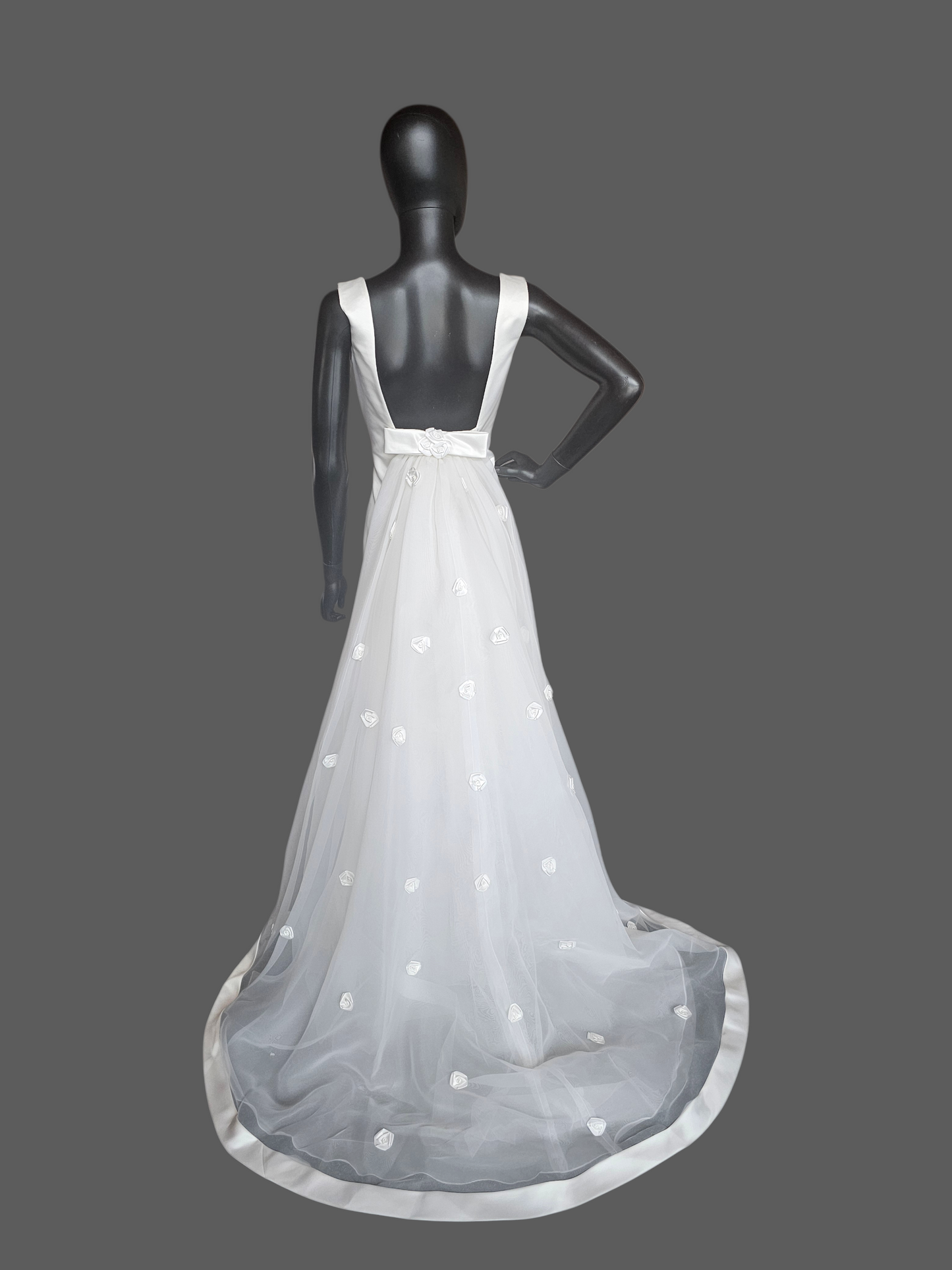 Vintage White Square Neck Detached Rose Train Wedding Gown - Galina