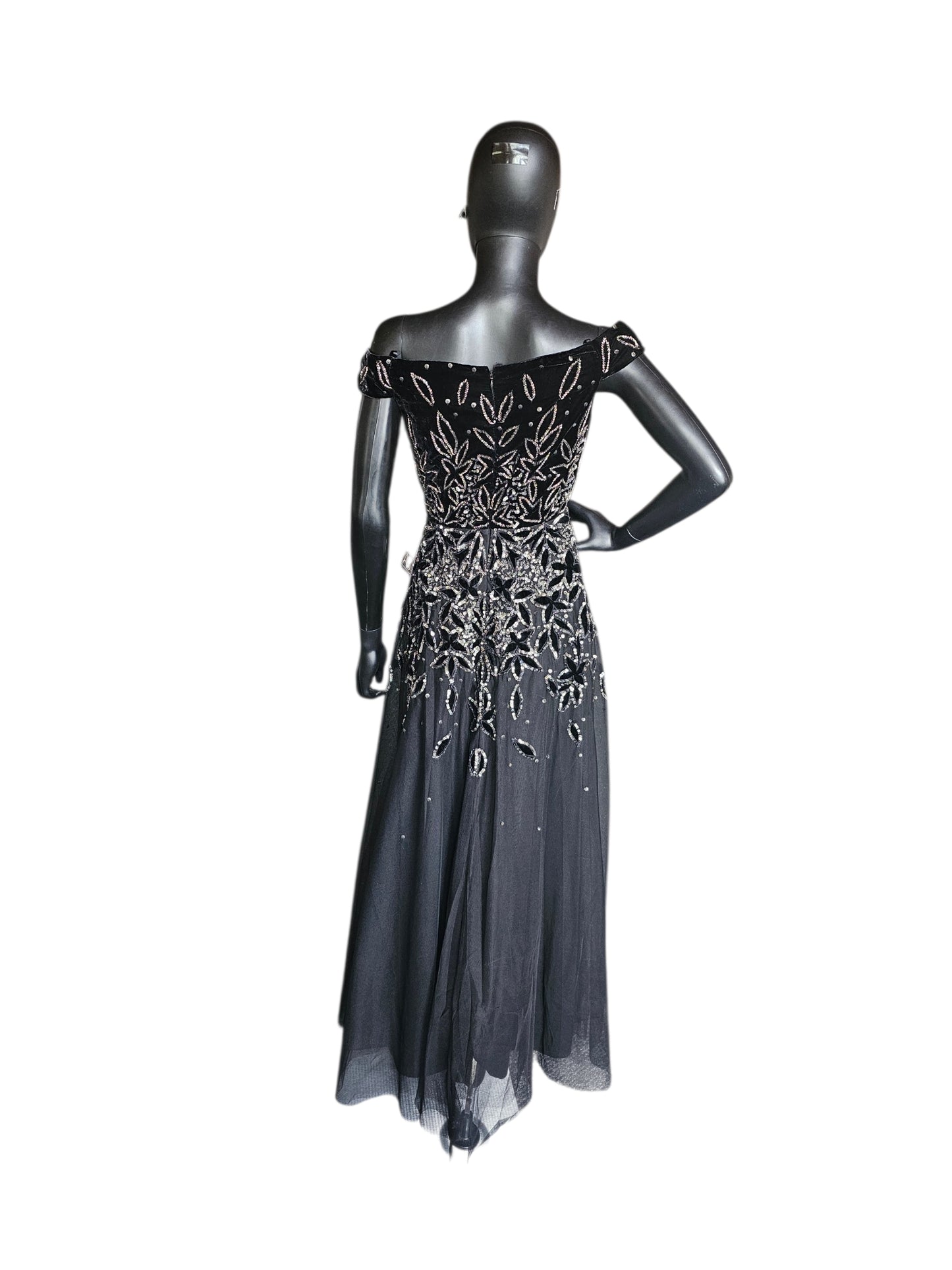 Black Velvet Off Shoulder Leaf Patter Sequin Fit/Flare Full Length Formal Gown - Adrianna Papell