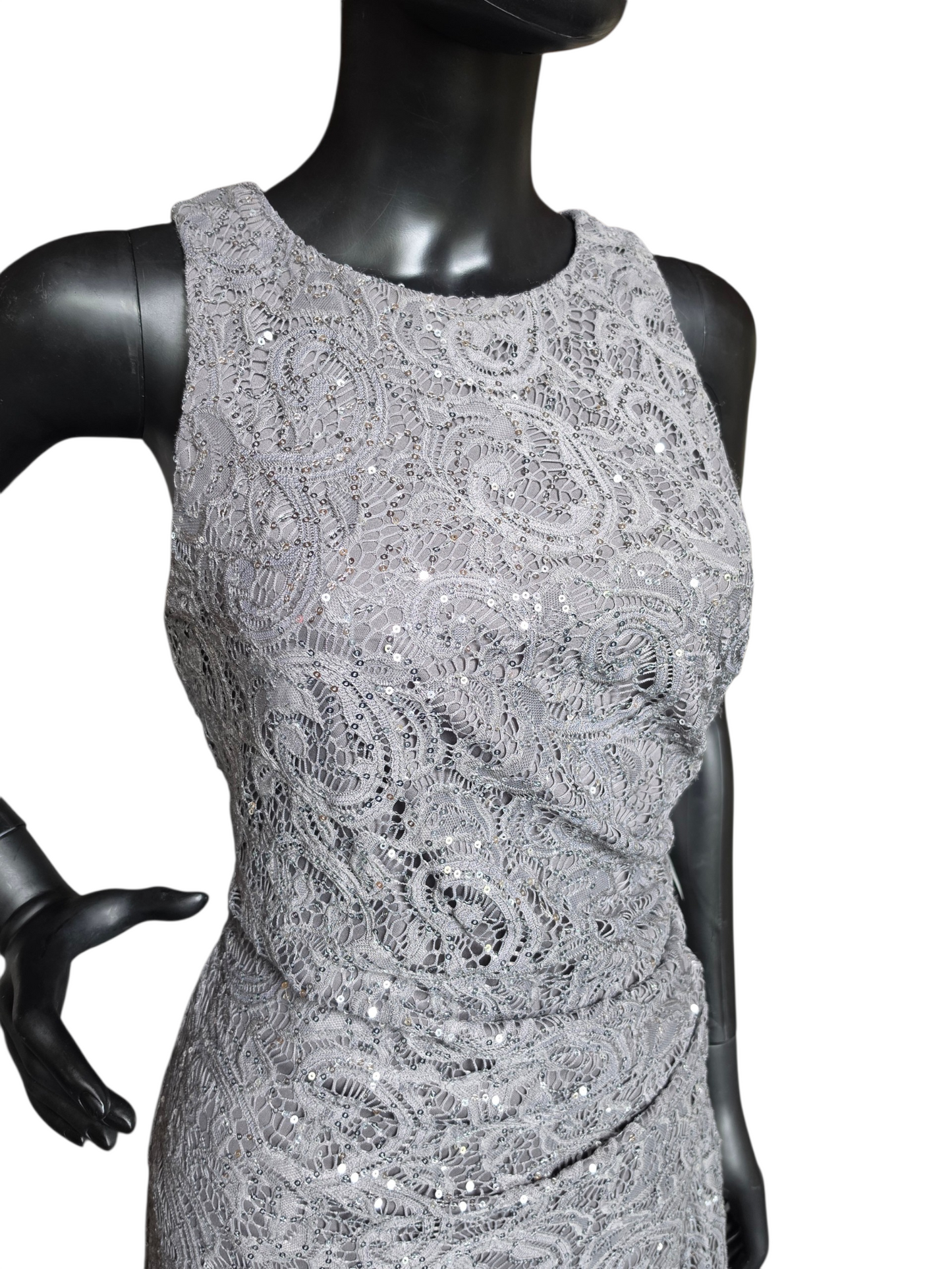 Pewter Sparkle Fit/Flare High Scoop Stretch Lace Side Ruched Slit Moms/Formal Dress - Alex Evenings