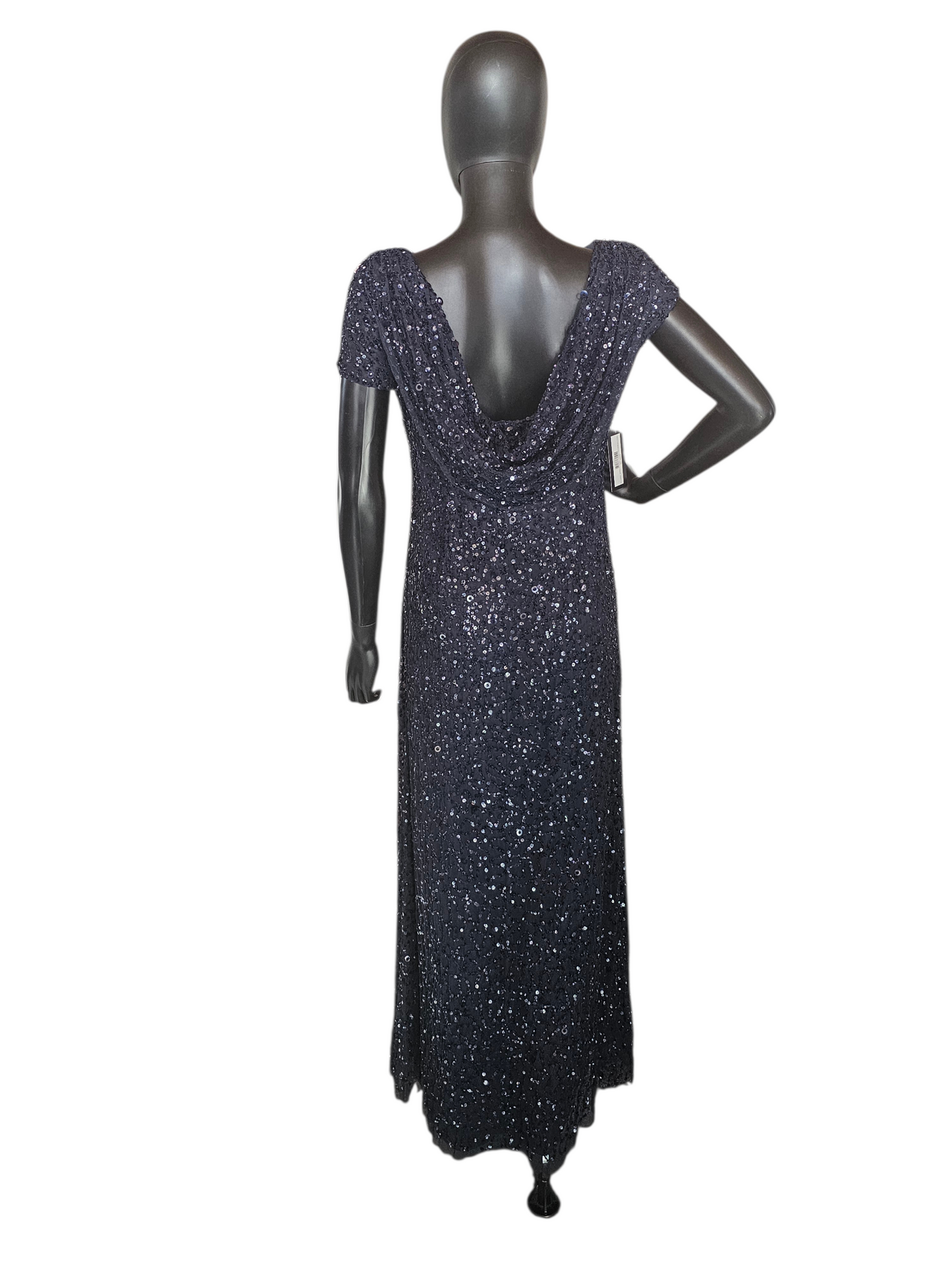Navy Full Sequin Cap Sleeve Cowl Back Formal Dress - Adrianna Papell - NWT