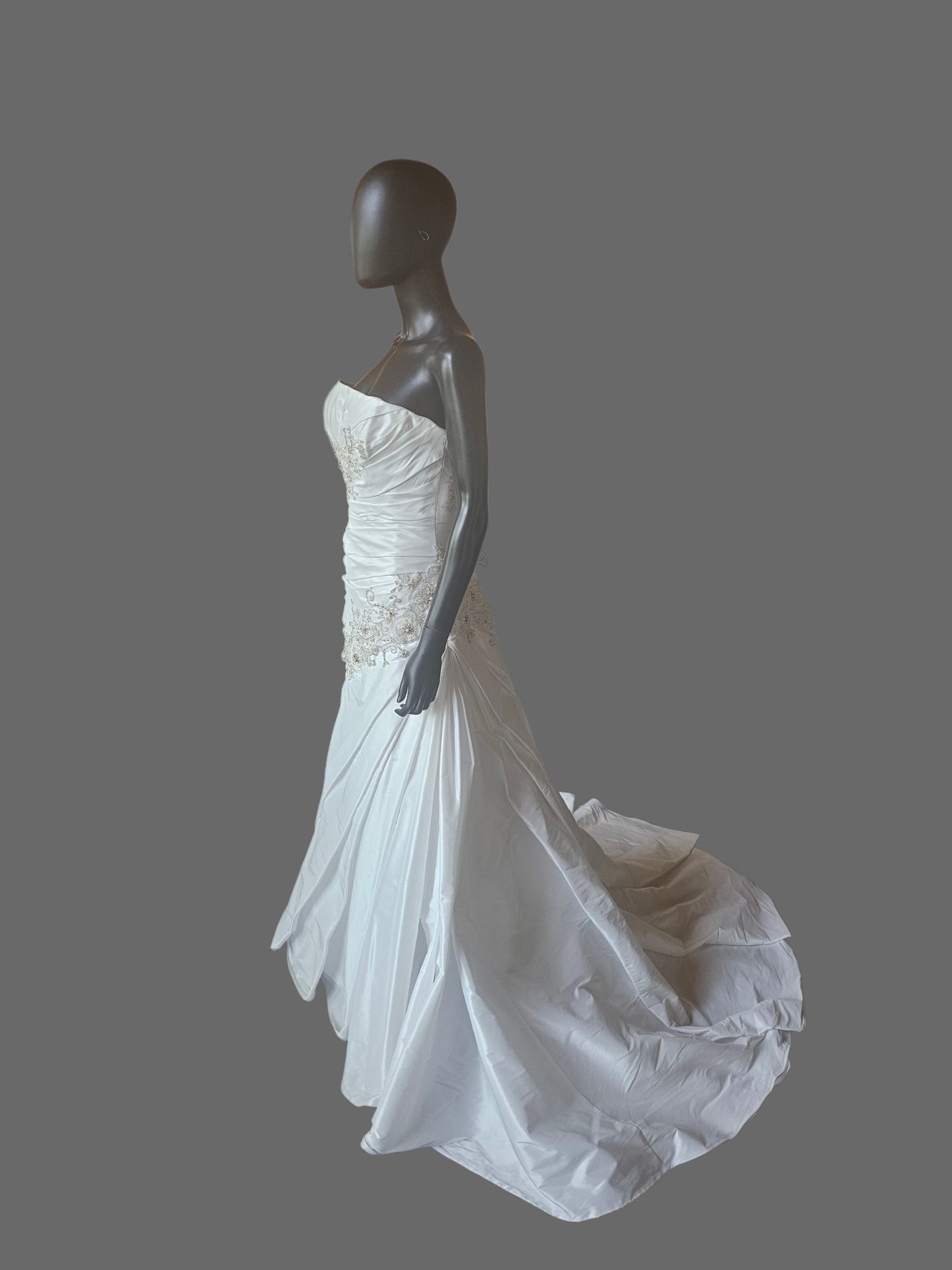 White Taffeta Side Sweep Detailed Applique Strapless Wedding Gown - Casablanca