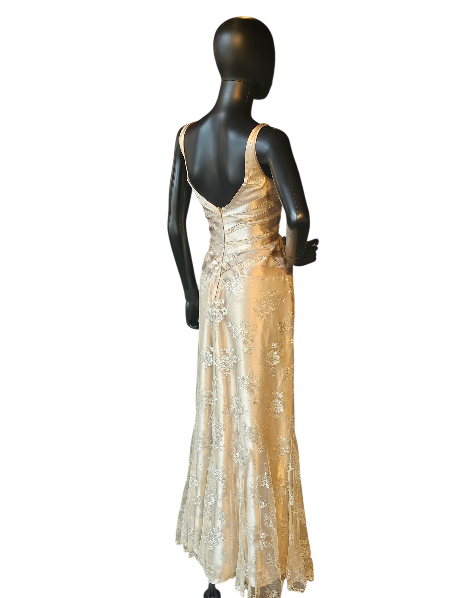 Gold Satin/Silver Lace V-Neck Tiered Fit/Flare Formal Gown - JS Collections