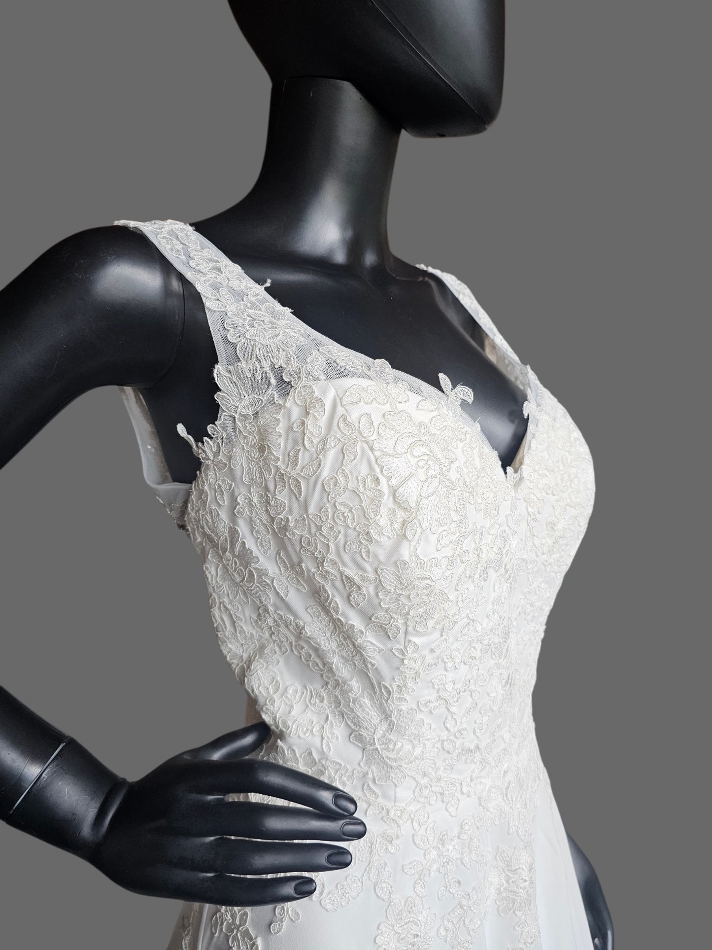 White Chiffon A-Line Lace V-Neck  Applica Illusion Back Wedding Gown - Davinci