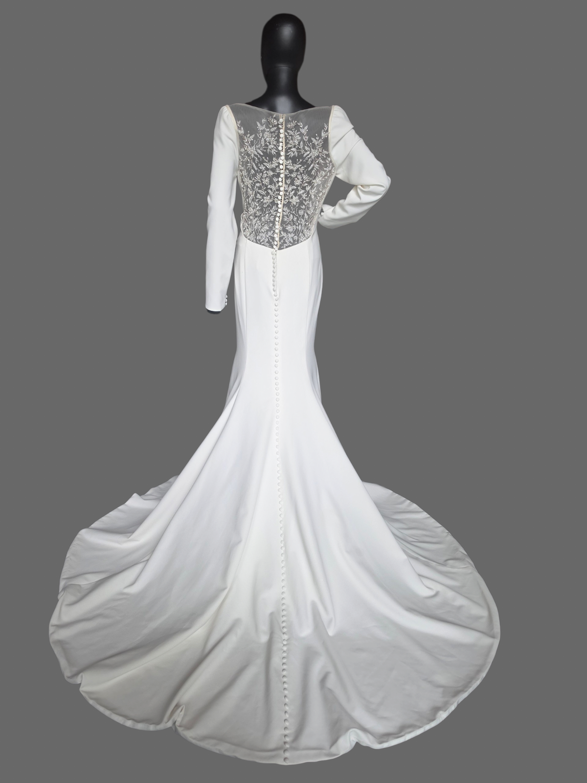 Long Sleeve Scoop Neckline Fitted Crepe Illusion Back Wedding Gown - Justin Alexander