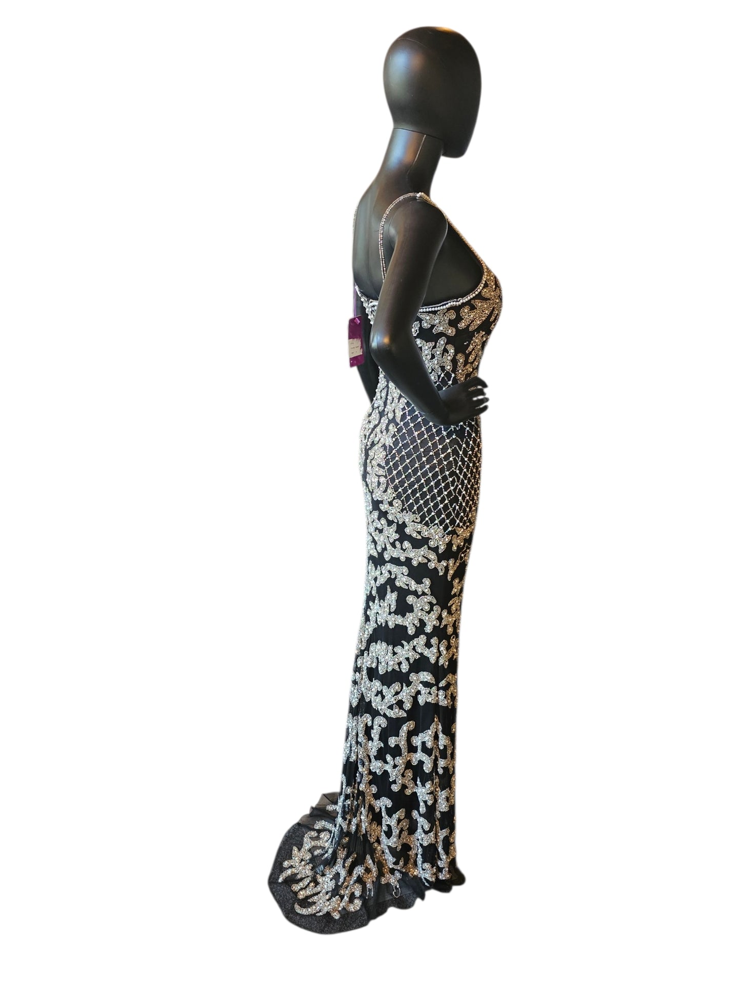 Black/Silver/Pearl Halter Fitted Beaded Spaghetti Straps Formal/Prom/Gala Dress - Abby Paris