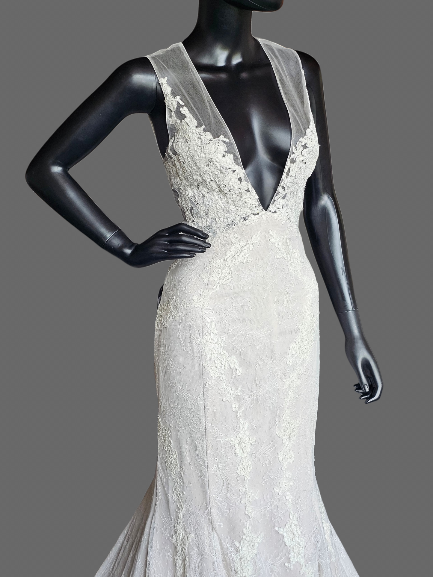 Ivory Illusion Plunge Thick Strap Floral Lace Fit/Flare Wedding Gown - Alyne