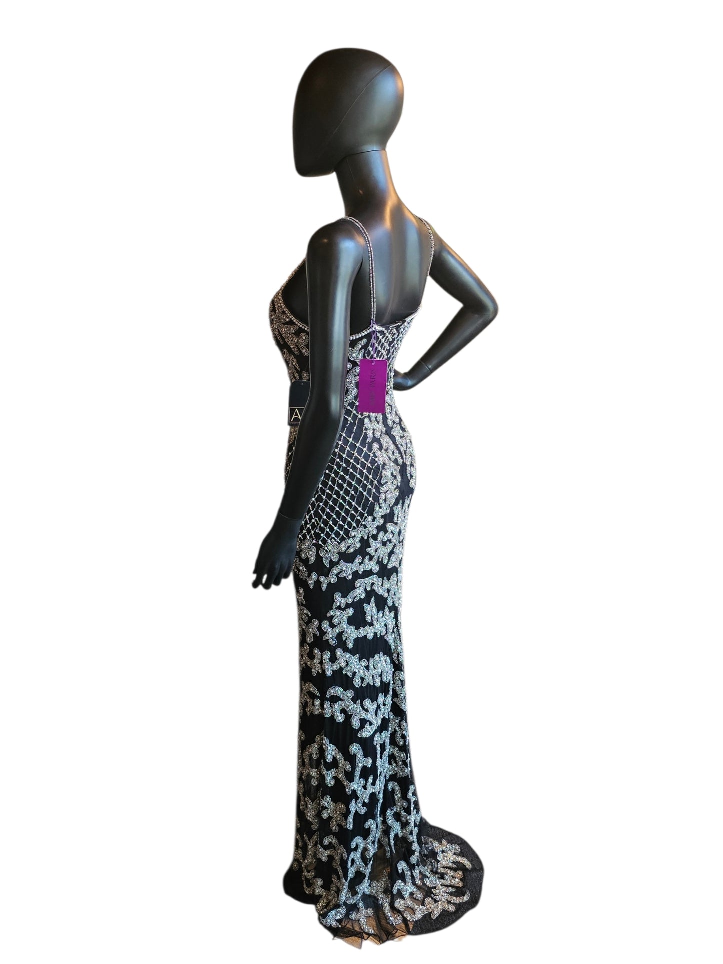 Black/Silver/Pearl Halter Fitted Beaded Spaghetti Straps Formal/Prom/Gala Dress - Abby Paris