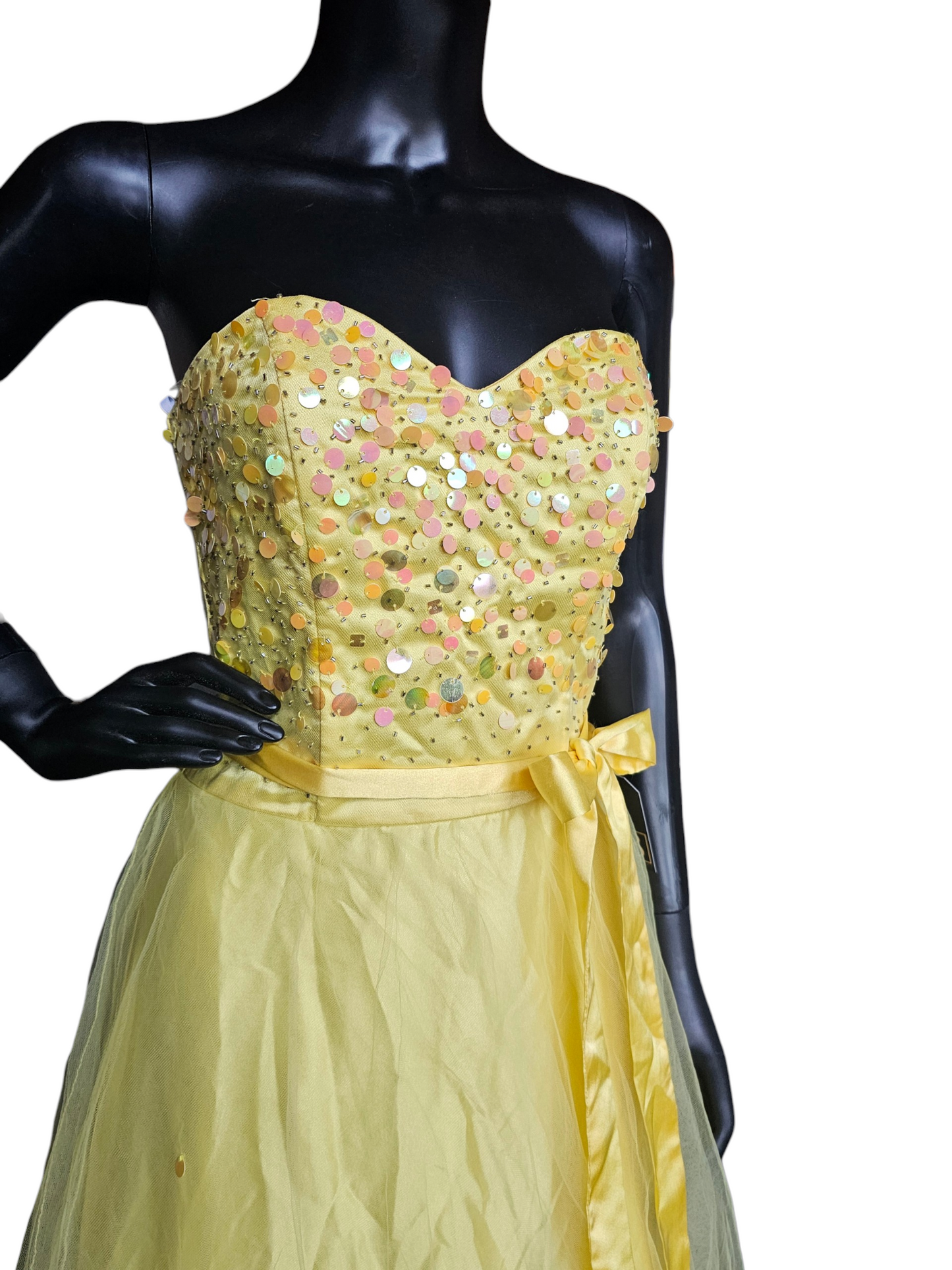 Neon Yellow/Peach Sequin Prom Dress - Masquerade