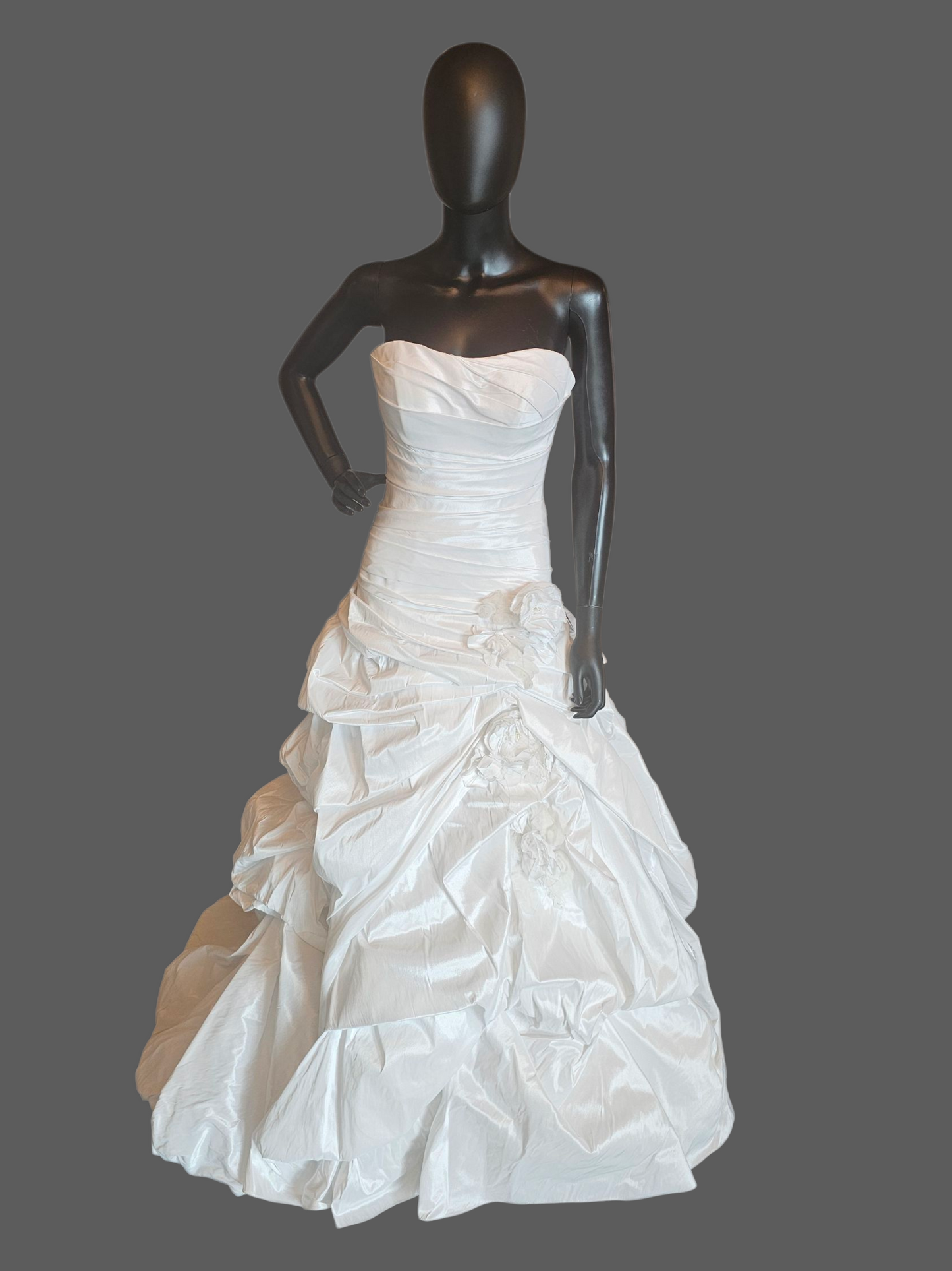 White Shimmering Taffeta Dropped Waist Ruched Undertuck Cupcake Wedding Gown - Casablanca