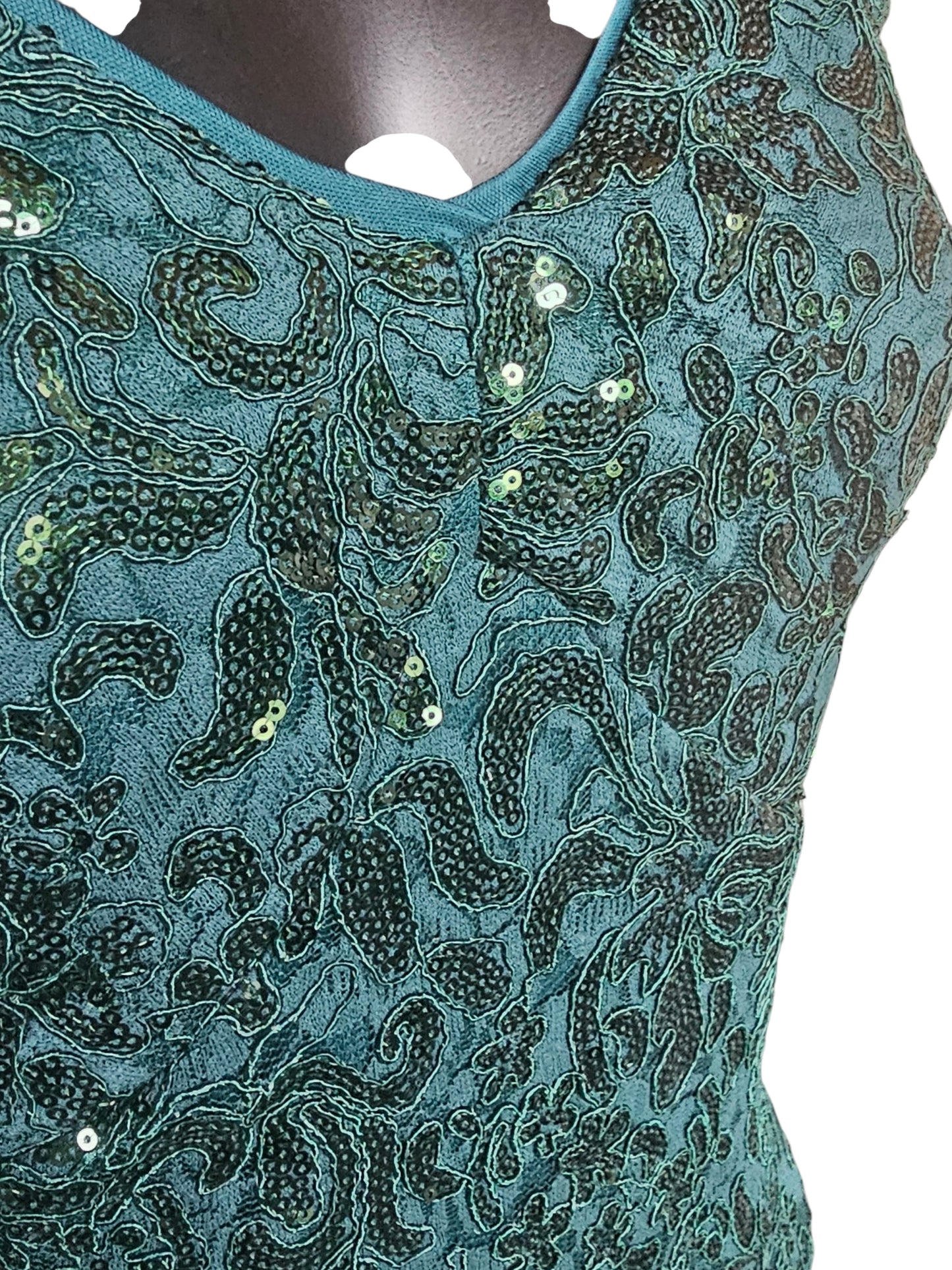 Hunter Green Floral Sequin Detail Cap Sleeve Full Length- R & M