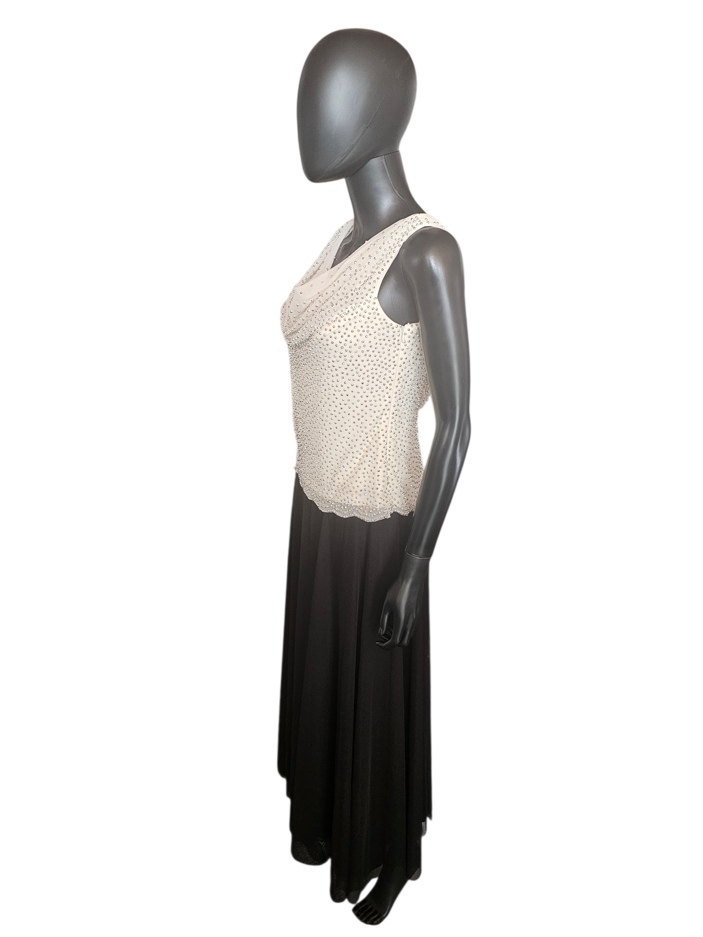 Ivory/Black Beaded Net Cowl Neck Formal Dress - Cache