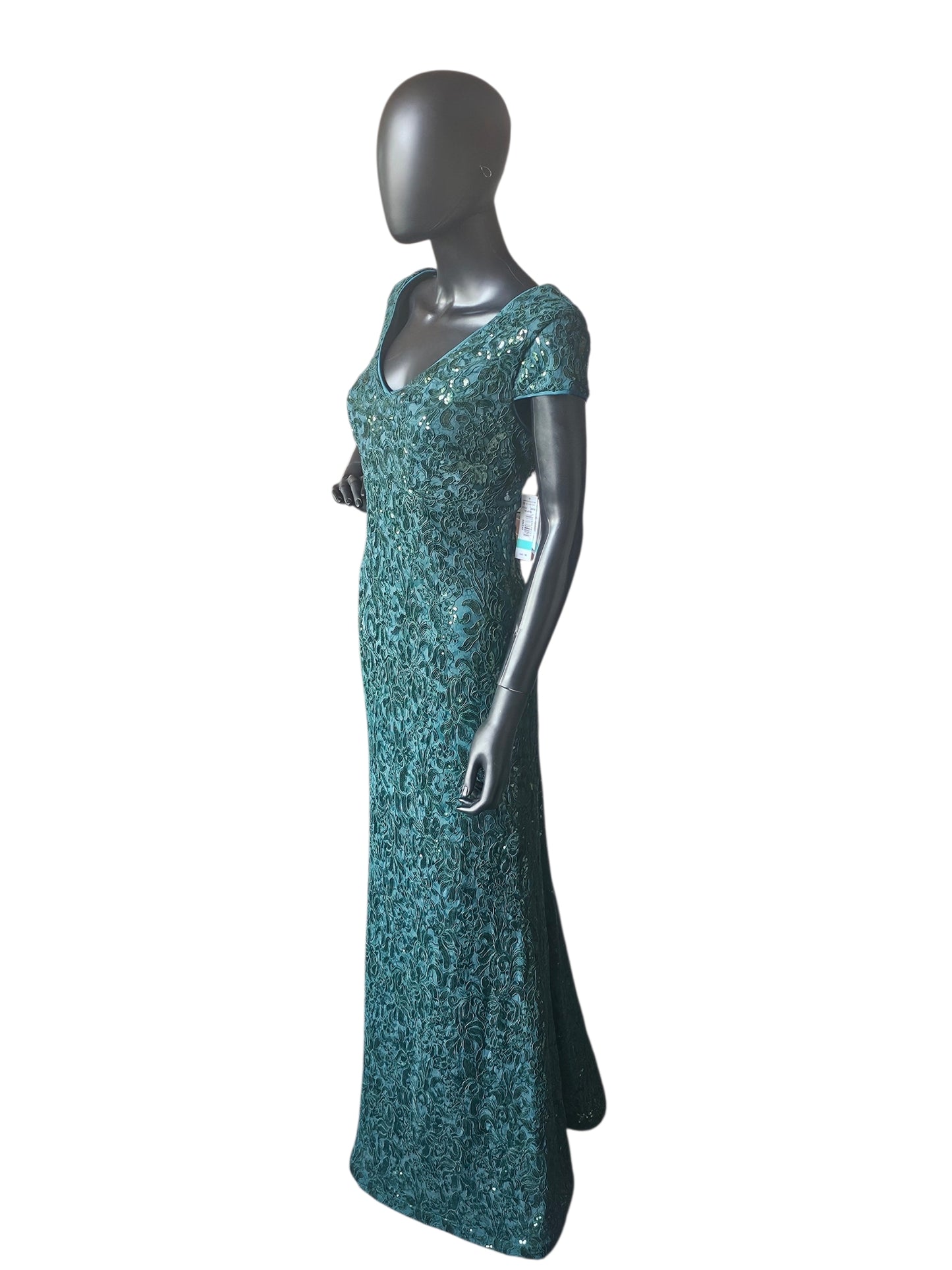 Hunter Green Floral Sequin Detail Cap Sleeve Full Length- R & M