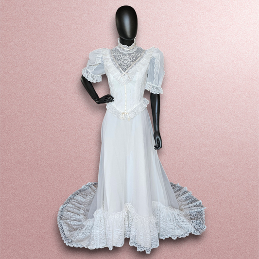 Vintage Victorian Lace High Collar Short Sleeve Wedding Gown