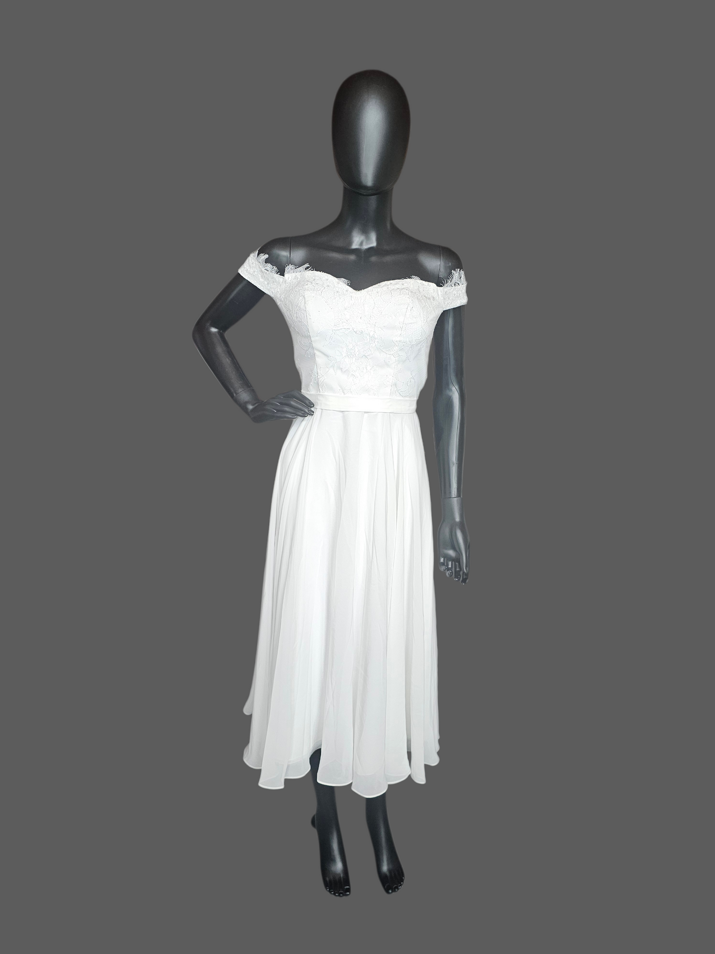 White Off Shoulder Tea Length Courthouse Wedding Dress - JJ's House NWT