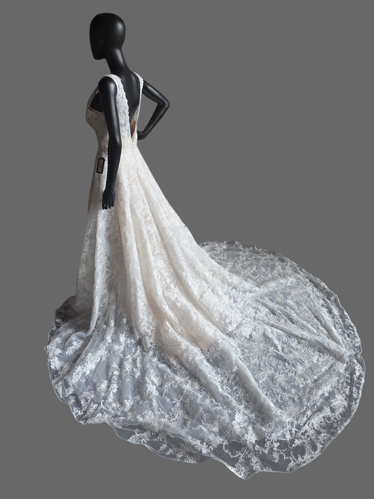 Ivory/Nude 3-Look Lace Plunge Sparkle A-Line Wedding Gown W/Detatch Sleeve - Martin Thornburg