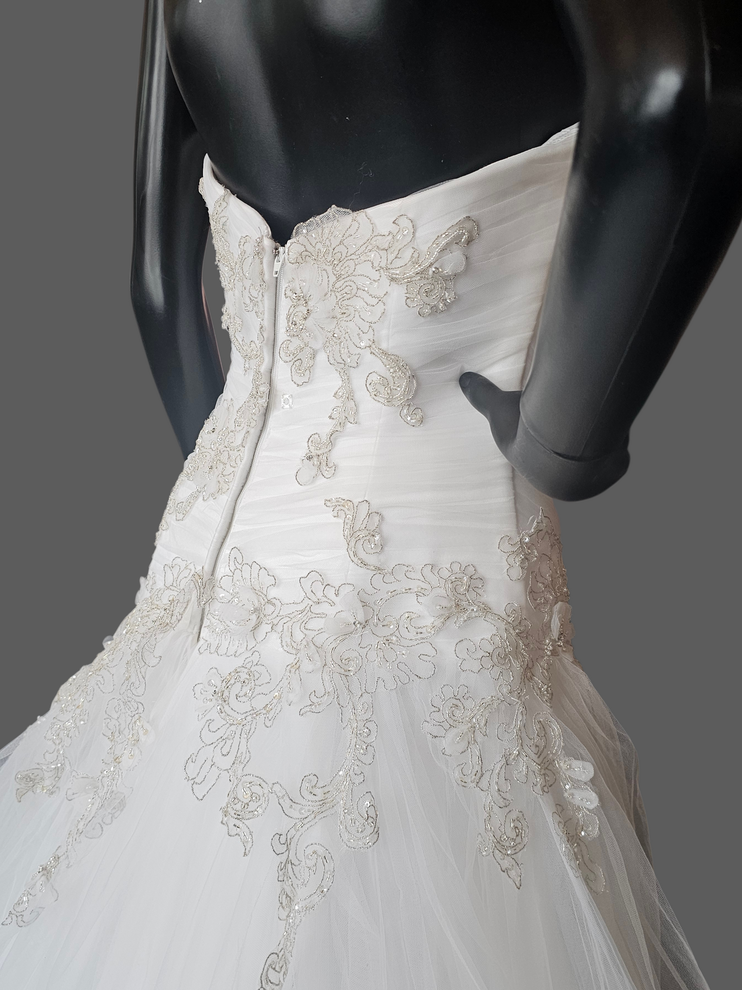 White Tulle Asymmetrical Drop Waist Silver/Gold Embroidered Strapless Wedding Gown - Casablanca