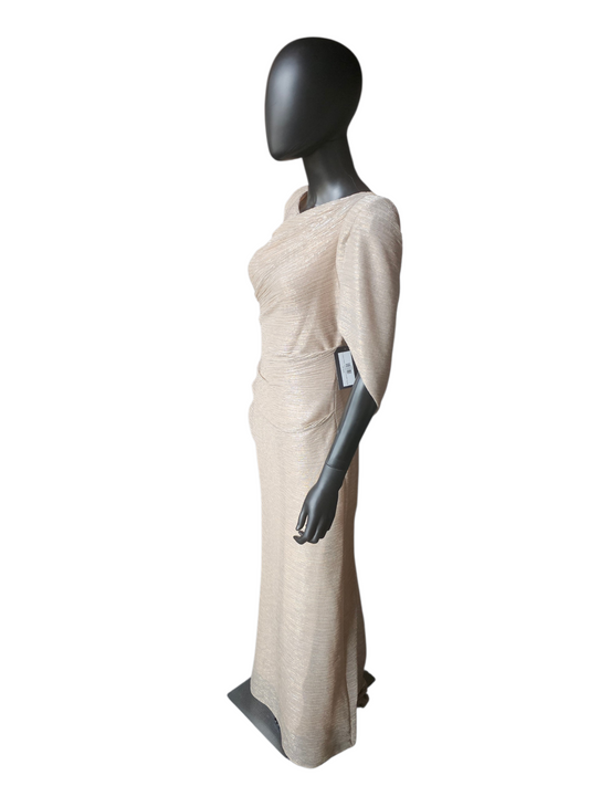PETITE Gold Shimmer Fitted Shawl Sleeve Maxi Formal Dress NWT - Betsy + Adam