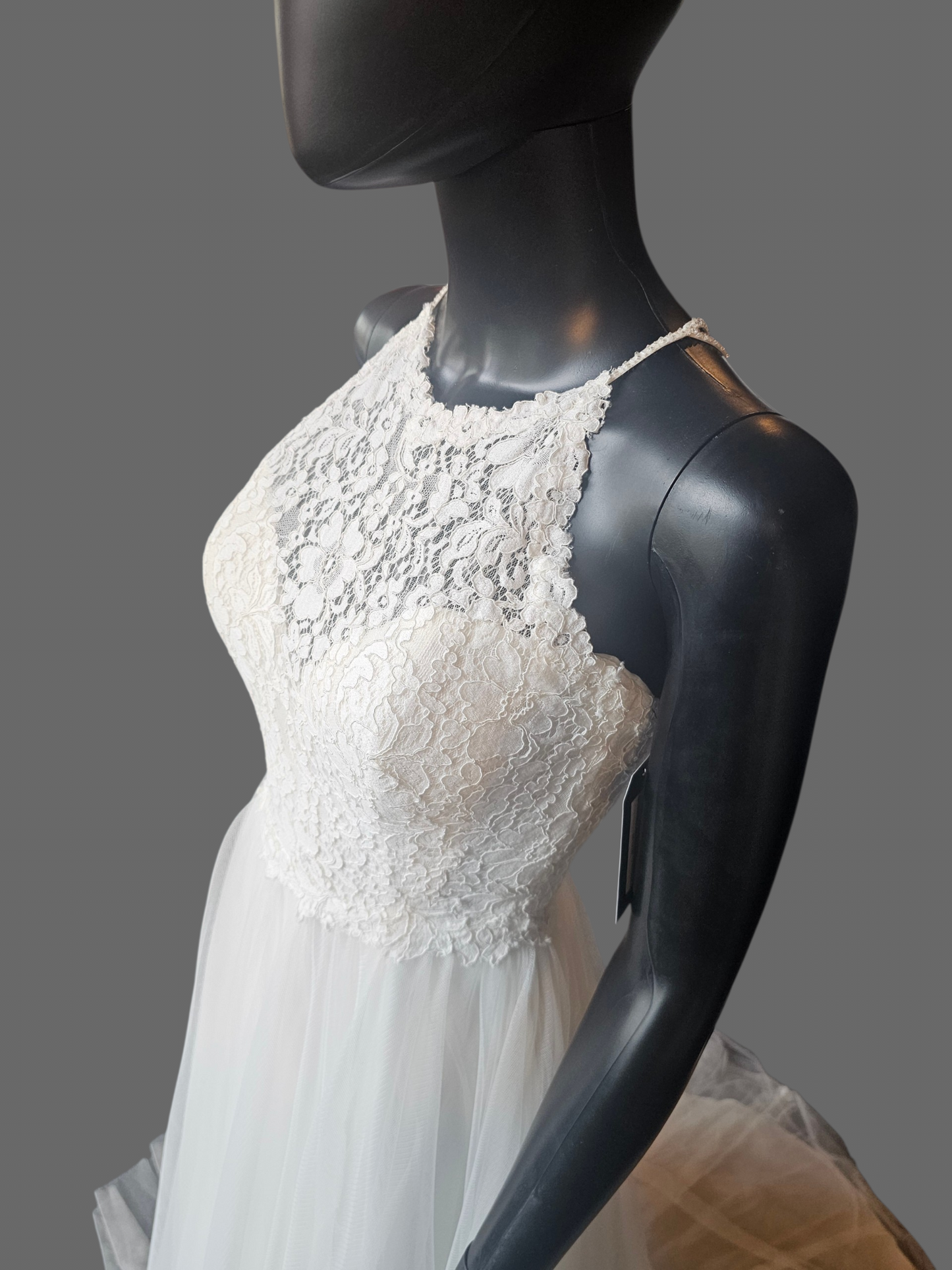 Ivory Illusion Lace Halter Gathered Net (Petite) Wedding Gown- Jasmine