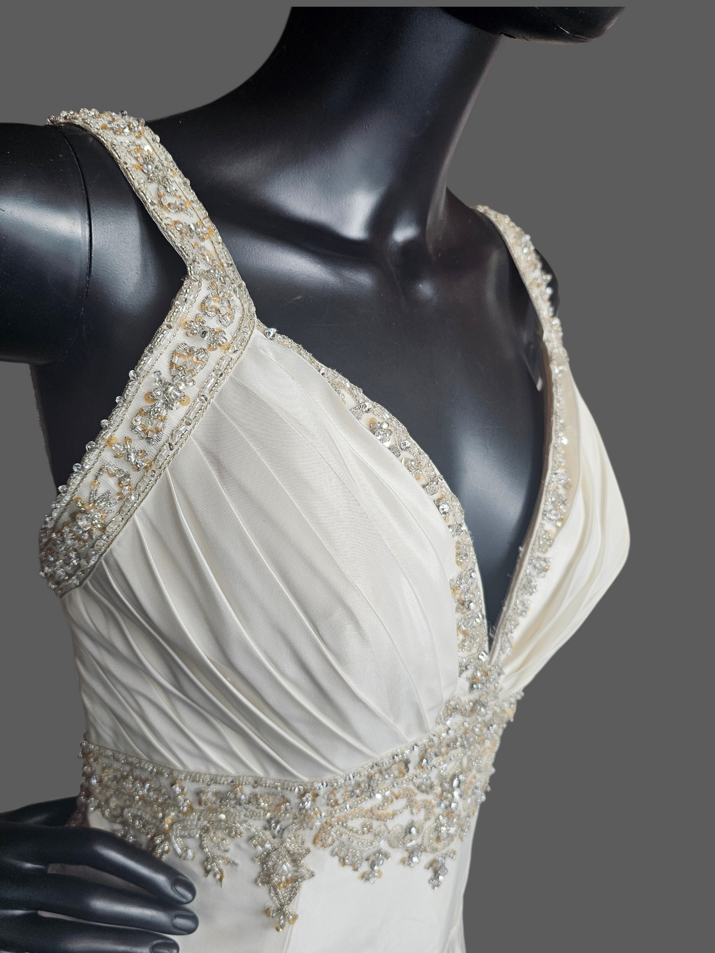 Ivory Taffeta Drop Waist V-Neck Wedding Gown - Petite