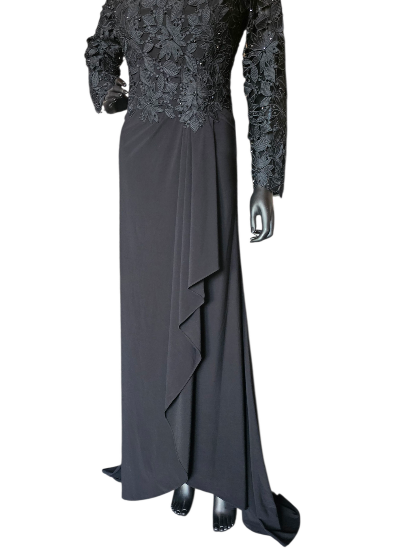 Black Open Weave Lace Long Sleeve V-Neck Formal Dress - Madeline Gardner
