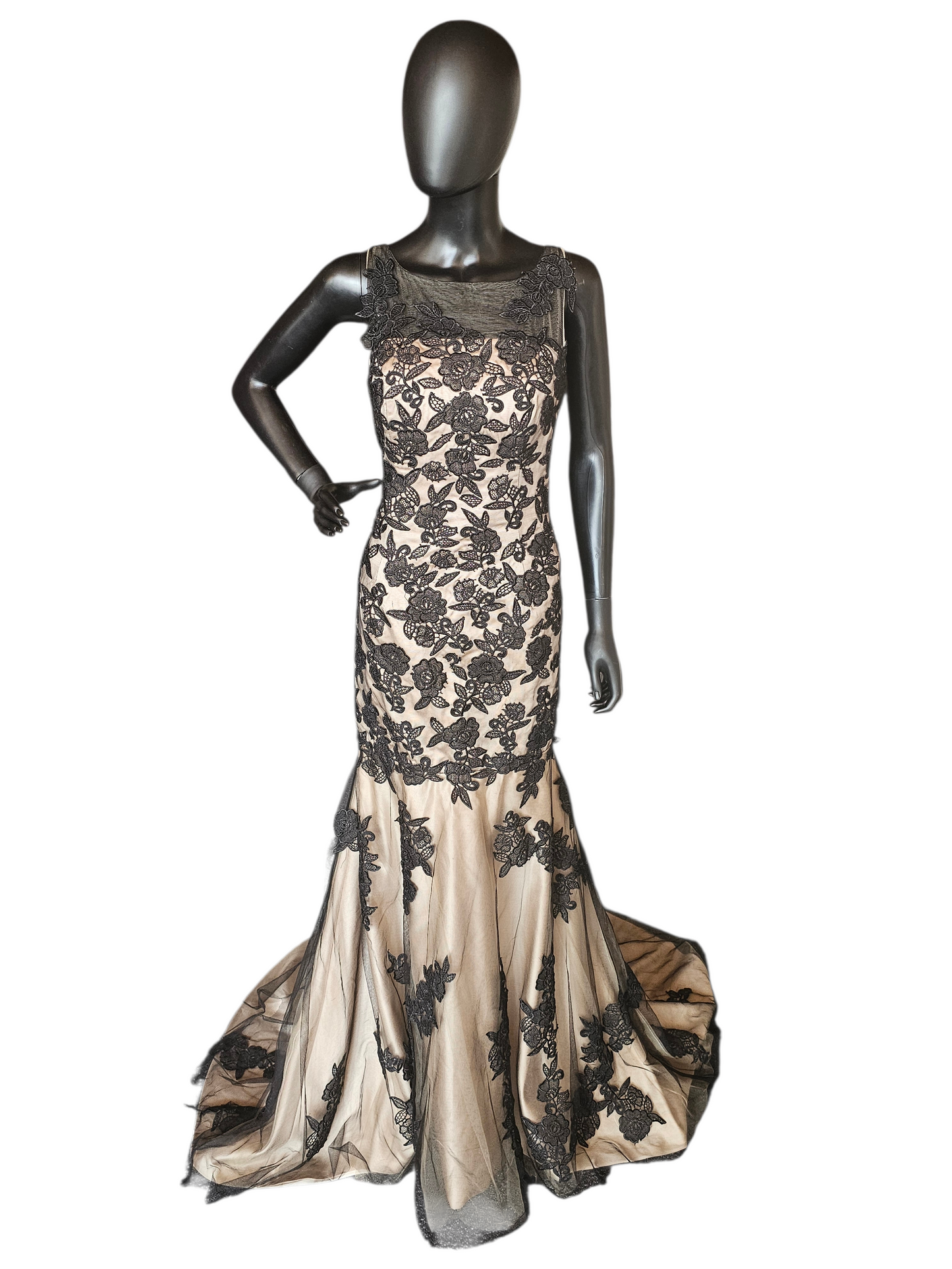 Black/Gold Lace Fitted Formal Dress