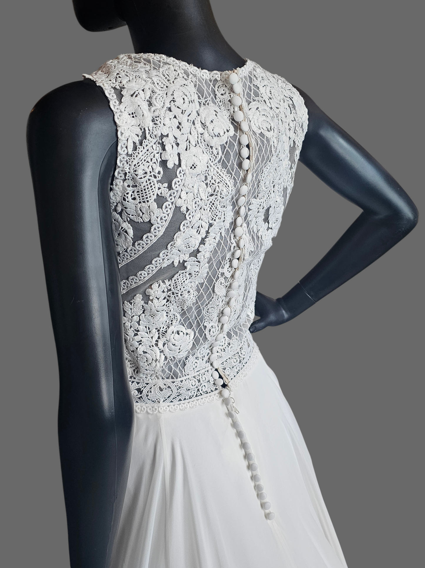 Ivory/Nude High Neck Lace Chiffon Skirt Wedding Gown - Justin Alexander