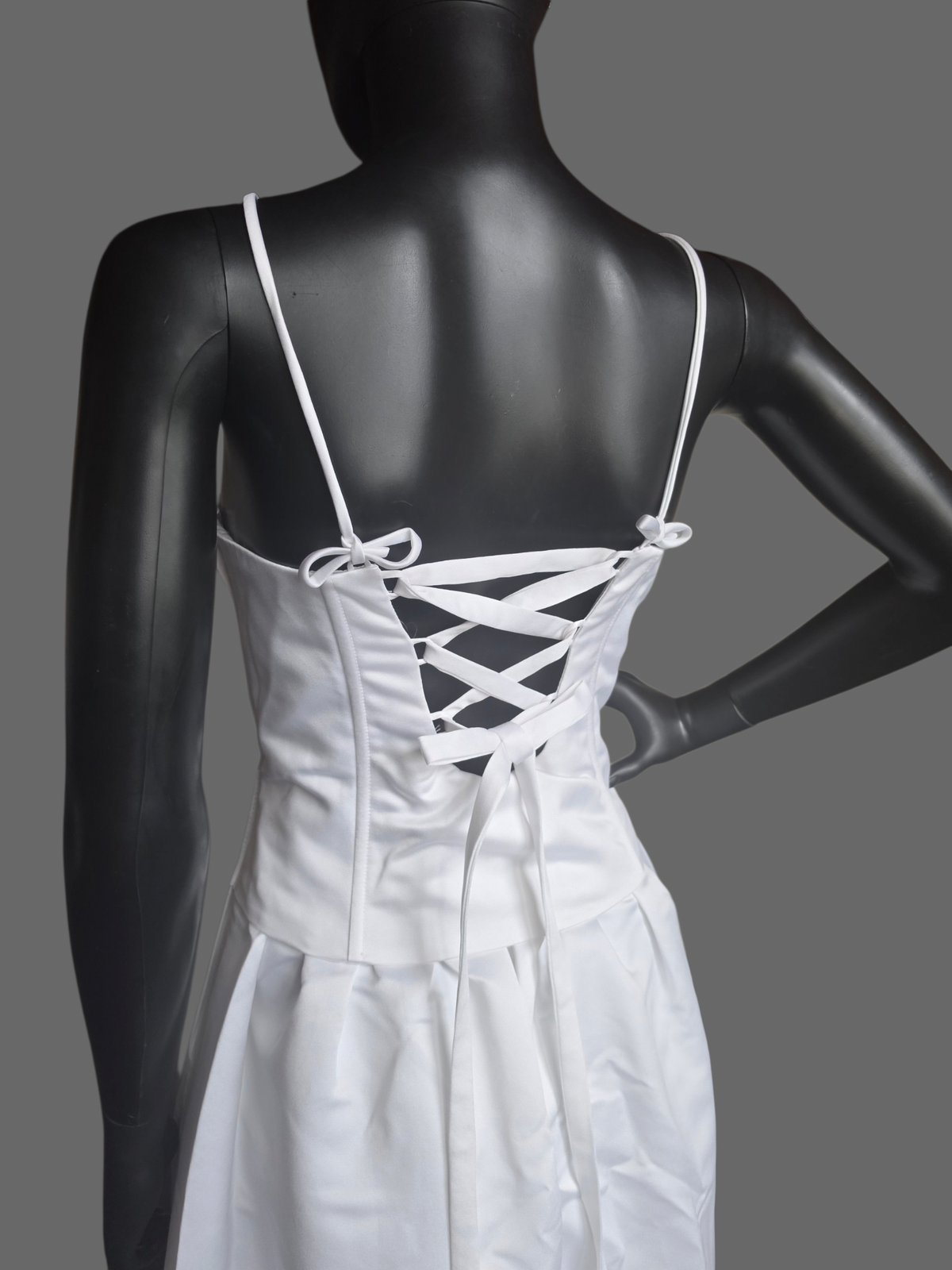 White Satin Basque Waist Embroidered Corset Bodice (no train) Wedding Gown - Jaqueline