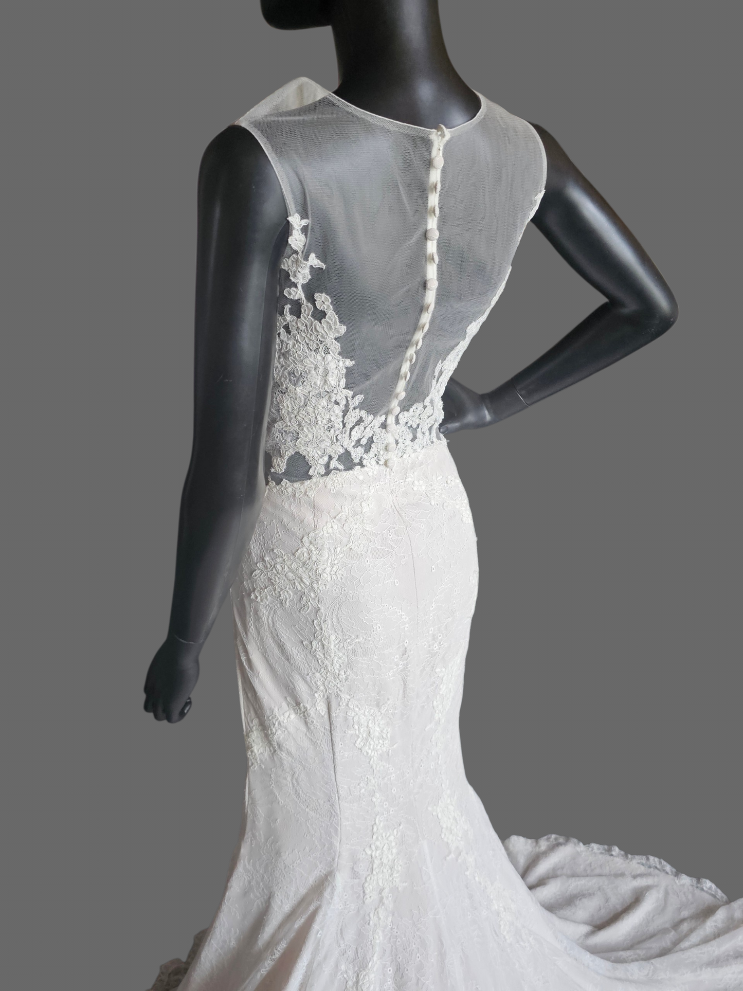 Ivory Illusion Plunge Thick Strap Floral Lace Fit/Flare Wedding Gown - Alyne