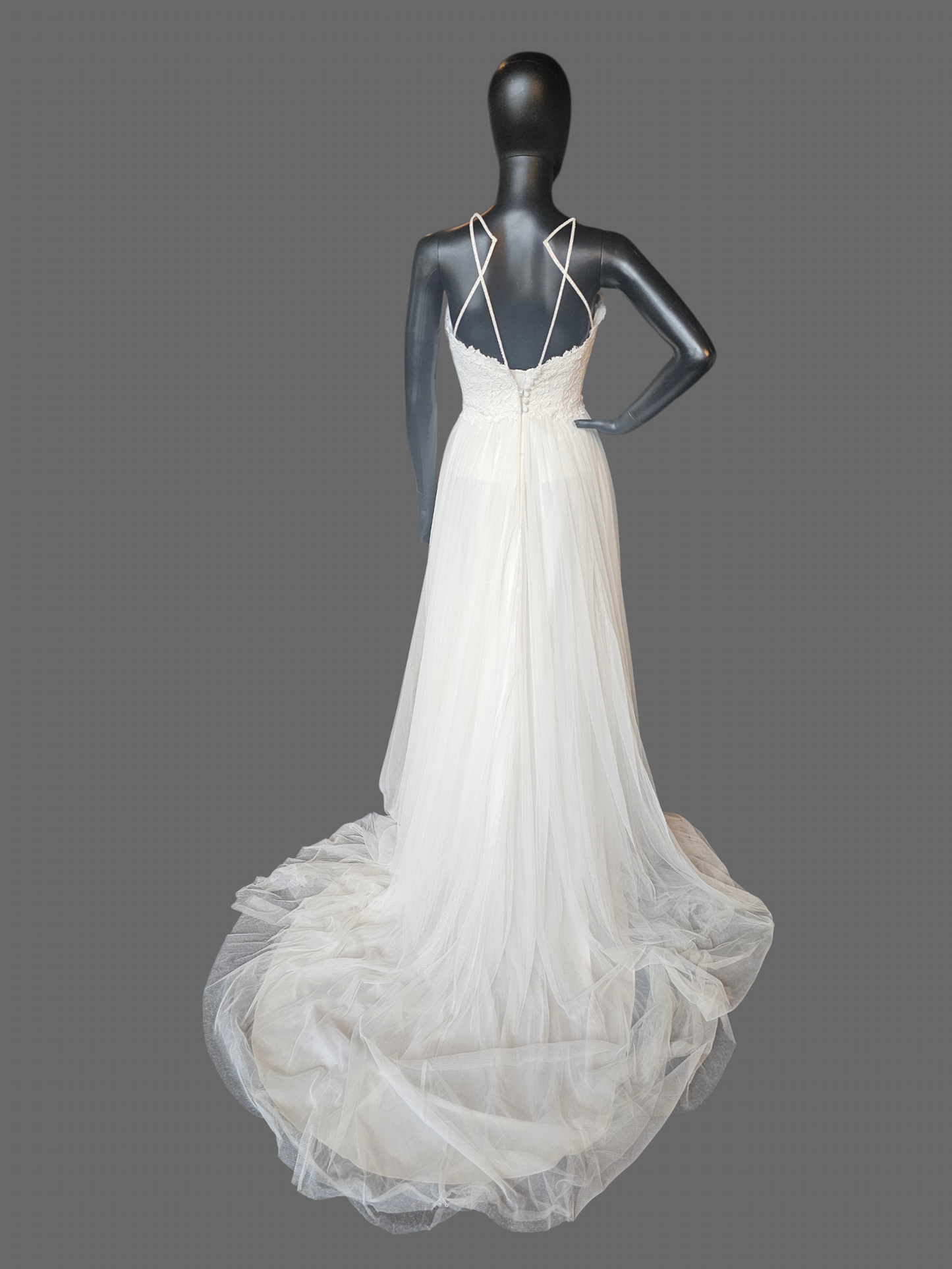 Ivory Illusion Lace Halter Gathered Net (Petite) Wedding Gown- Jasmine